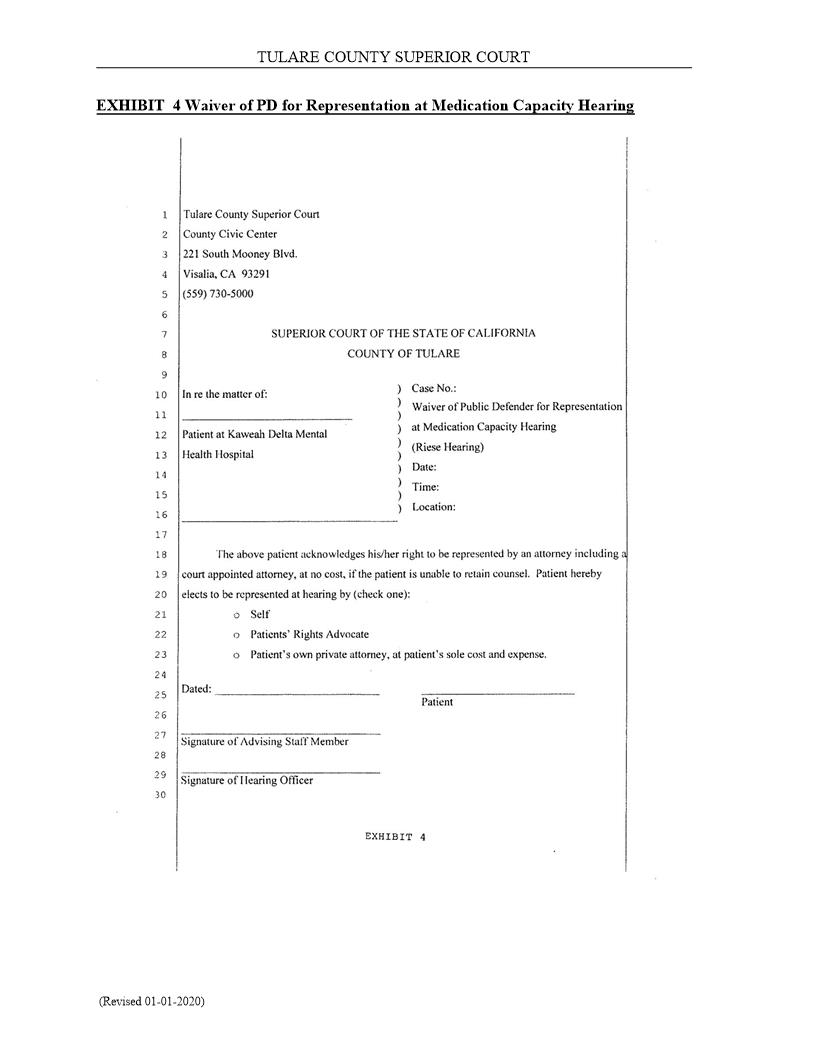Waiver Of Public Defender For Representation At Medication Capacity Hearing (Riese Hearing) | Pdf Fpdf Docx | California
