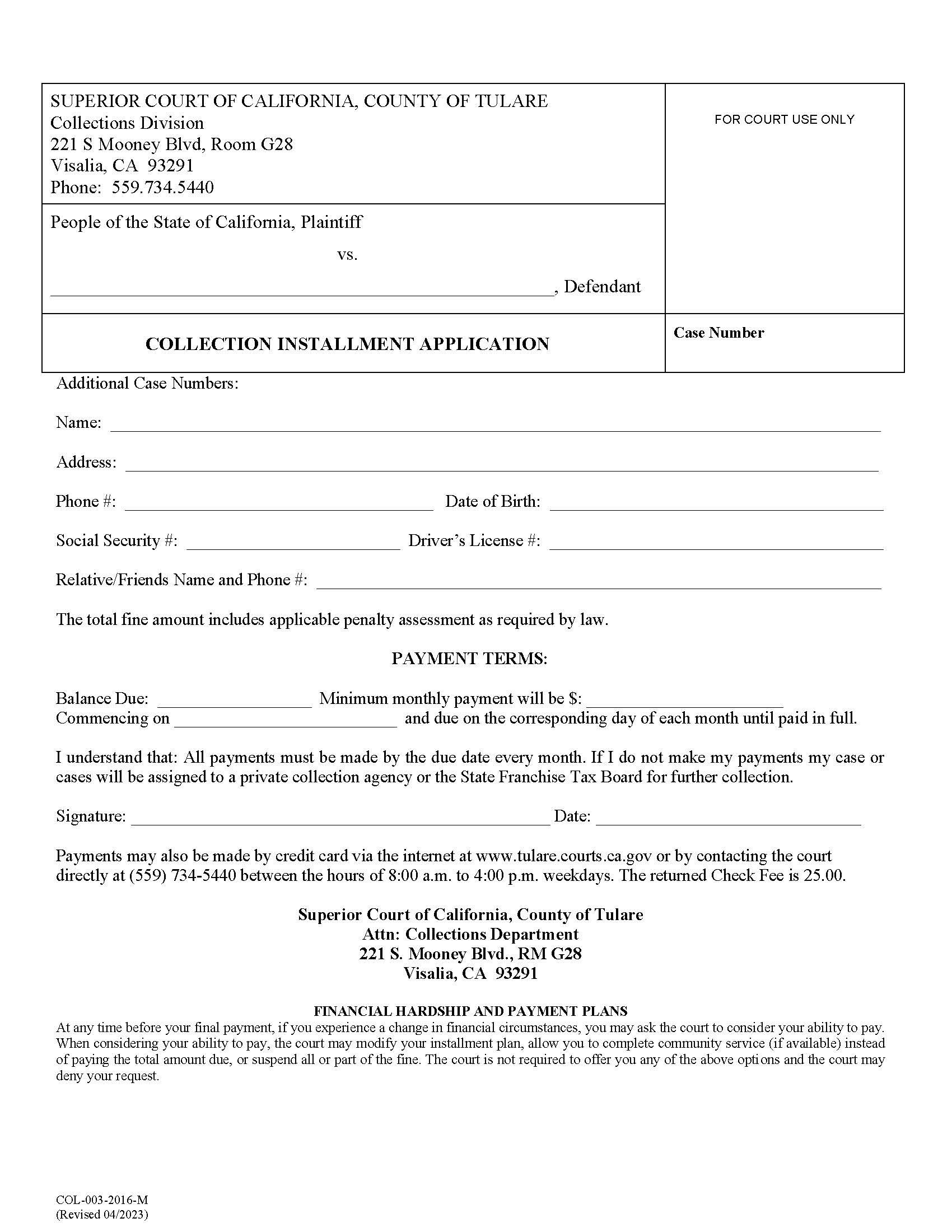 Collection Installment Application {COL-003} | Pdf Fpdf Docx | California