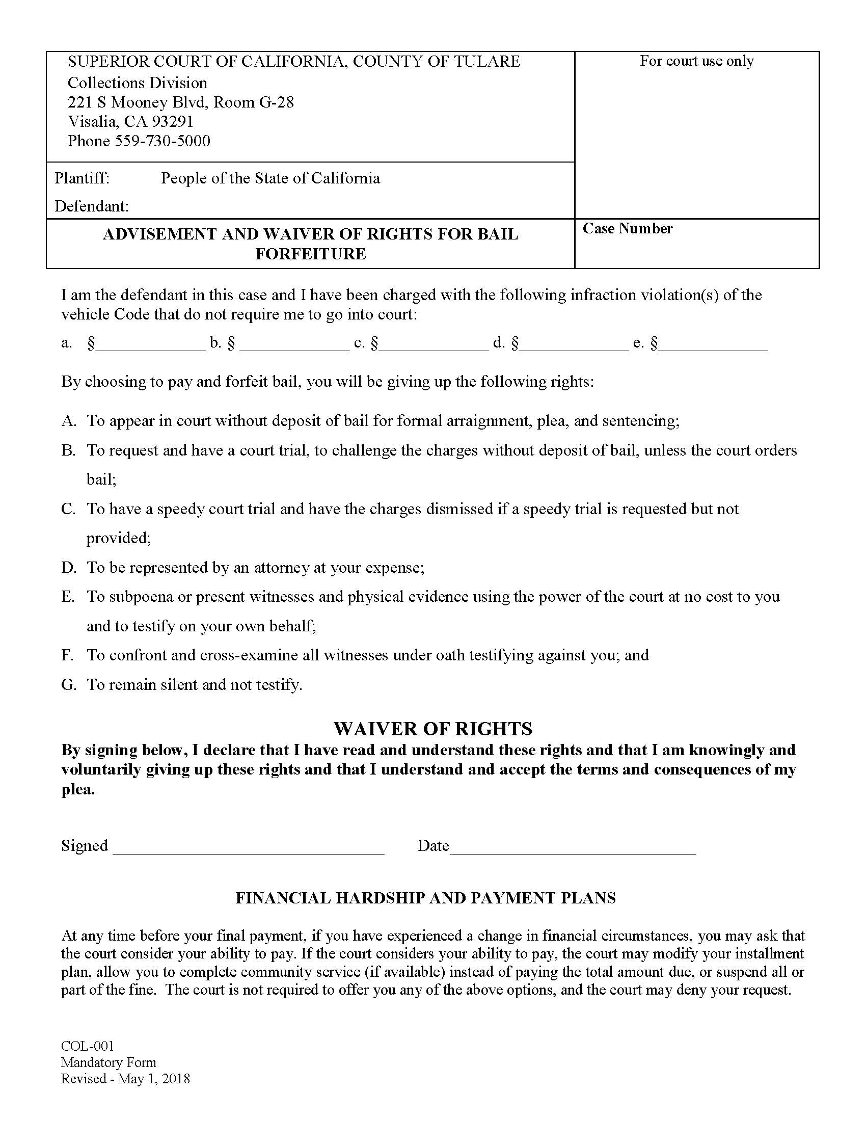 Waiver Of Rights For Bail Forfeiture (Advisement And Waiver Of Rights) {COL-001} | Pdf Fpdf Docx | California