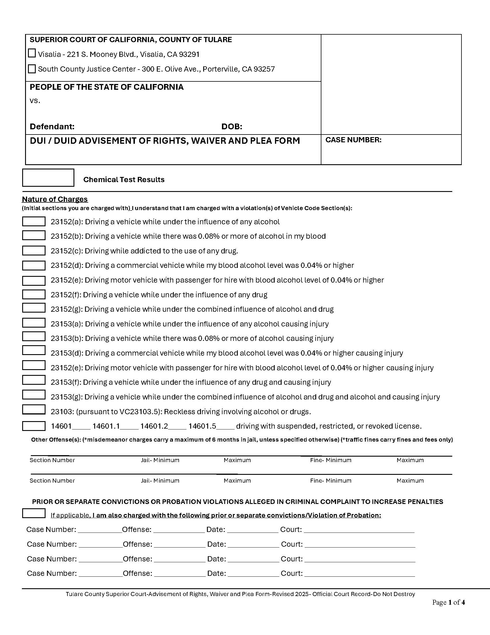 DUI Advisement Of Rights Waiver And Plea Form | Pdf Fpdf Docx | California