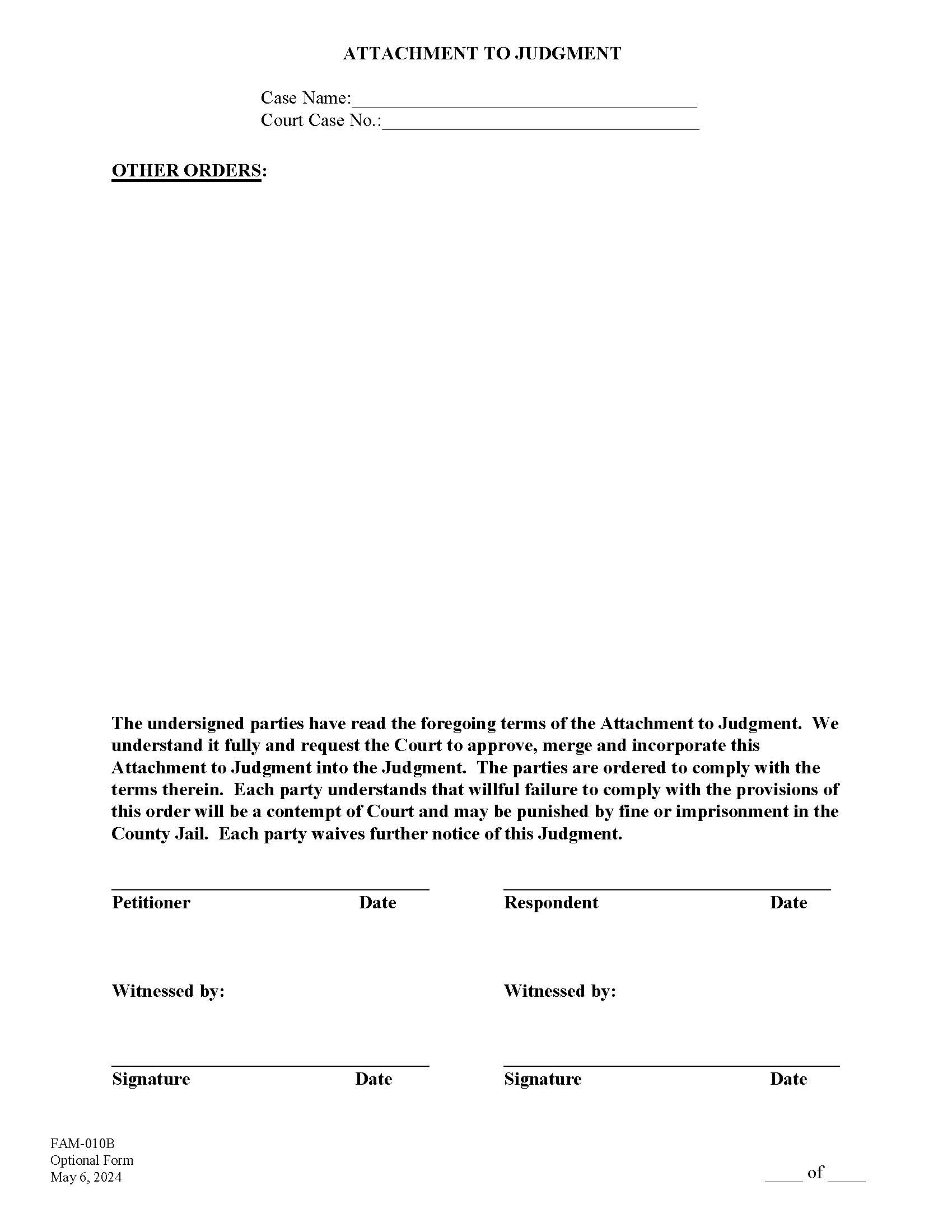 Attachment To Judgment (Lines) Other Orders {FAM-010A} | Pdf Fpdf Docx | California