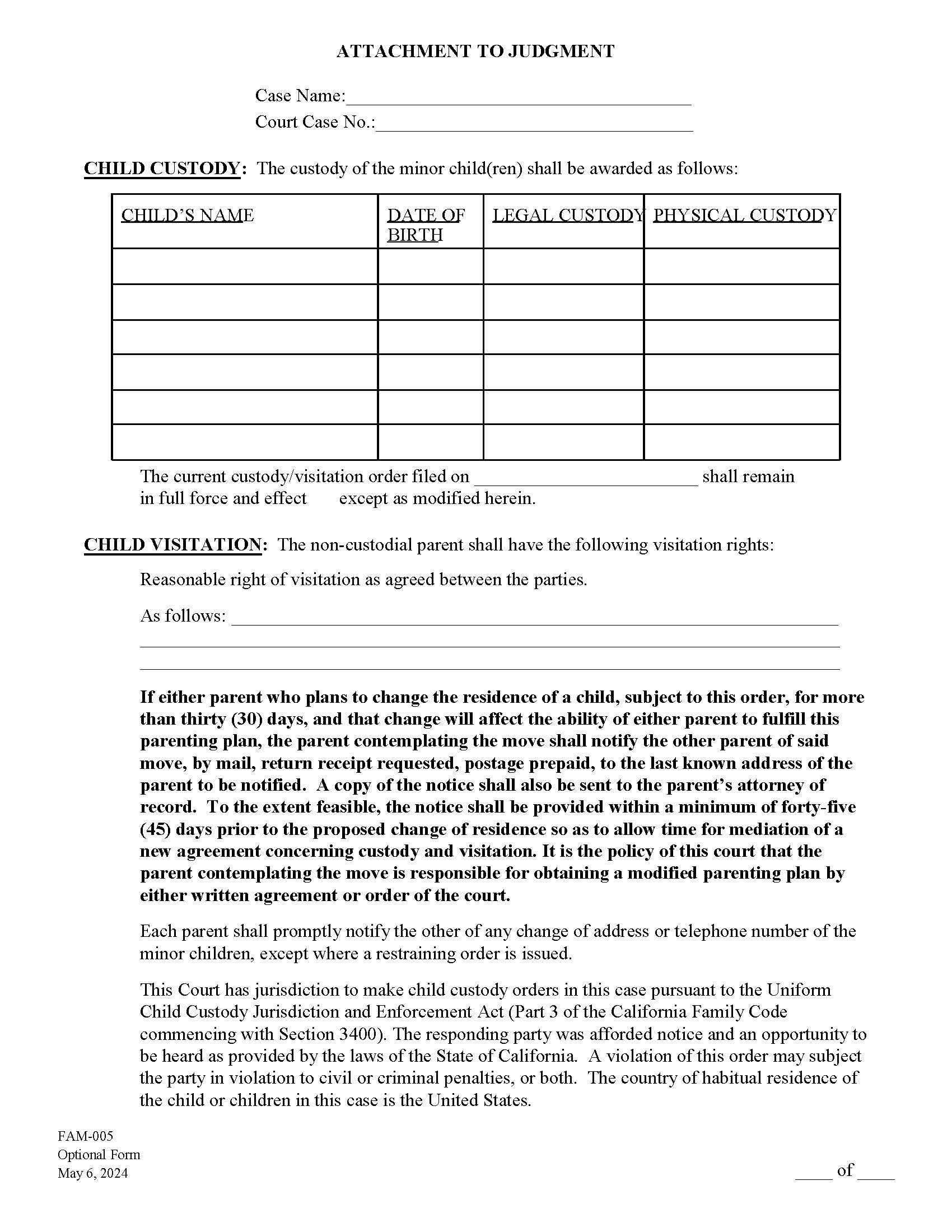 Attachment To Judgment-Child Custody And Visitation {FAM-005} | Pdf Fpdf Docx | California