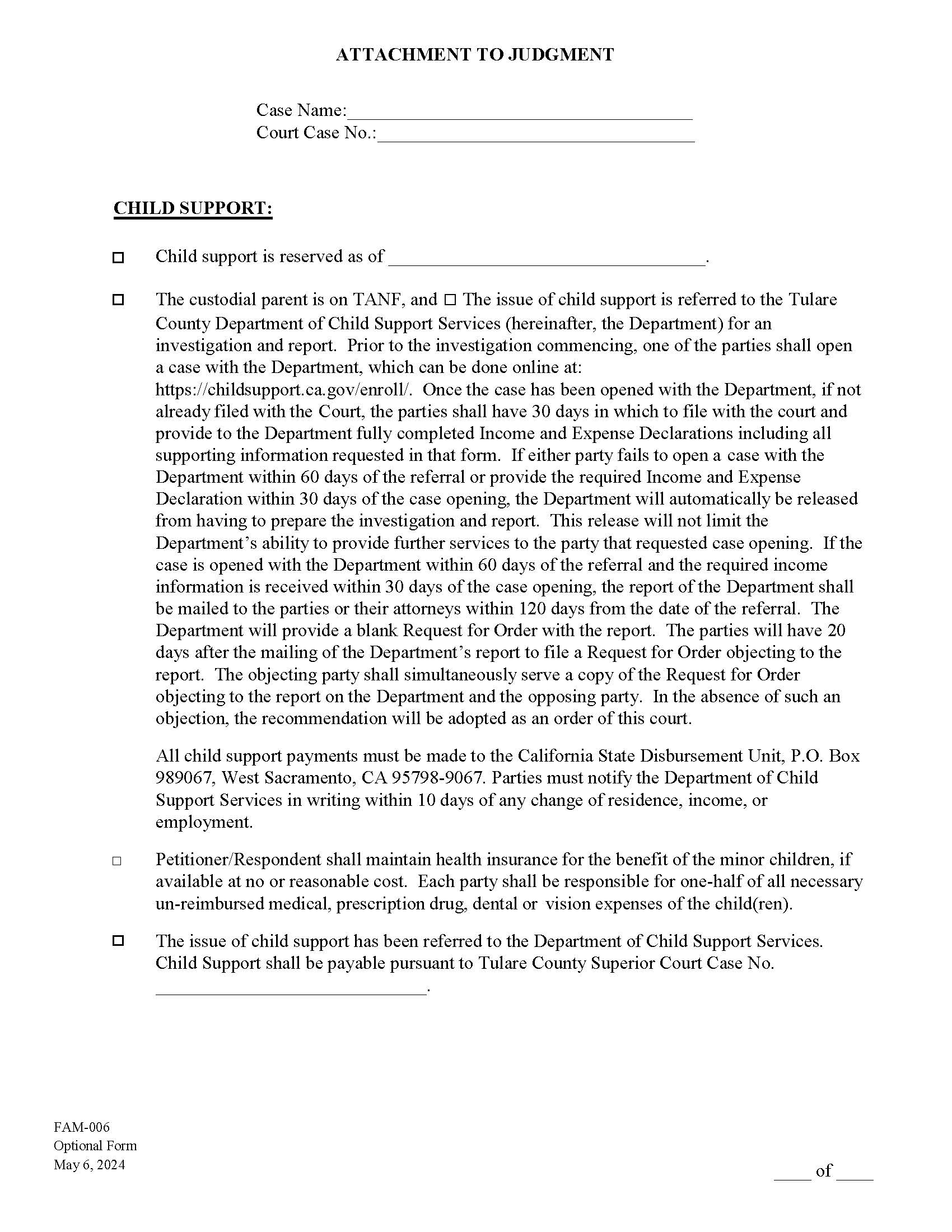 Attachment To Judgment-Child Support {FAM-006} | Pdf Fpdf Docx | California