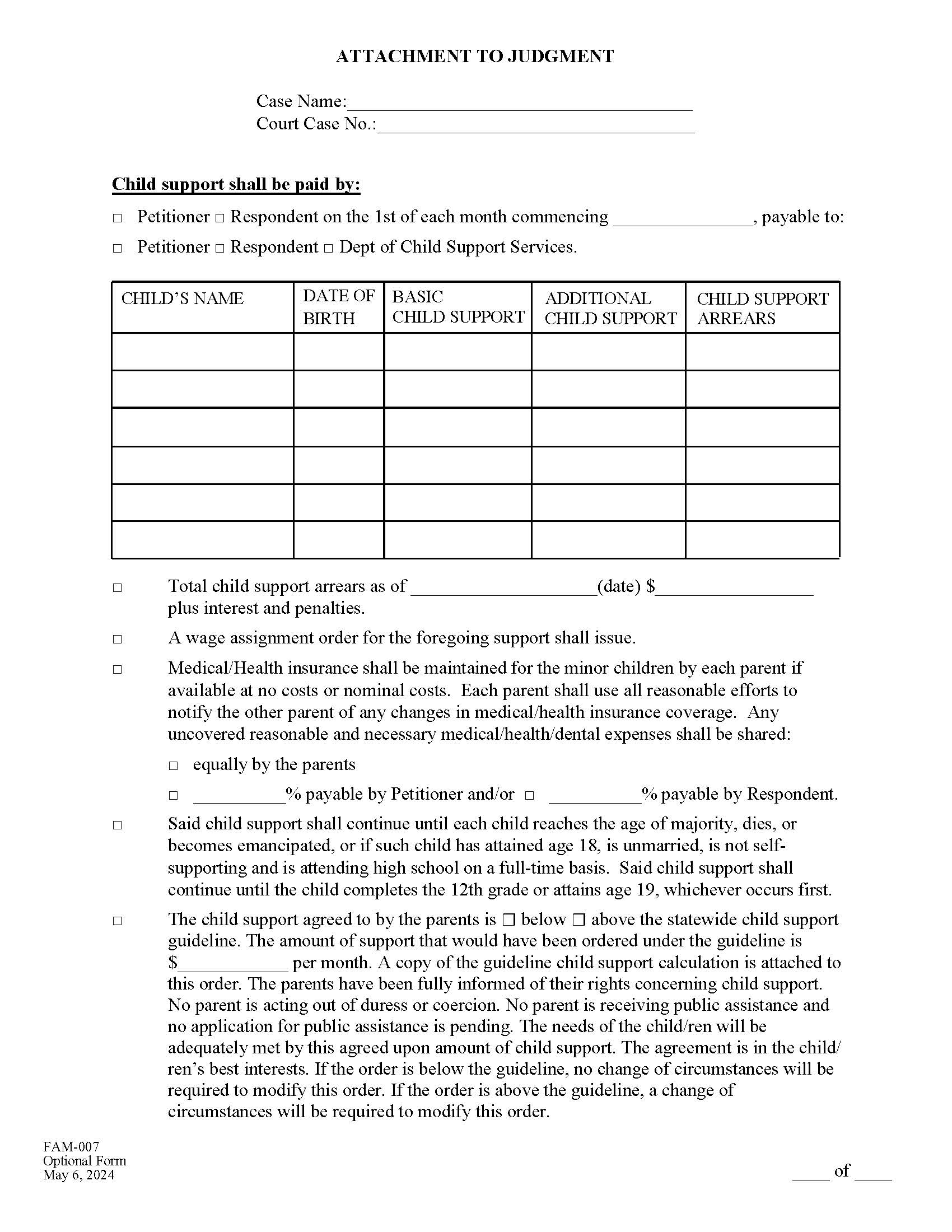 Attachment To Judgment-Child Support Payable {FAM-007} | Pdf Fpdf Docx | California