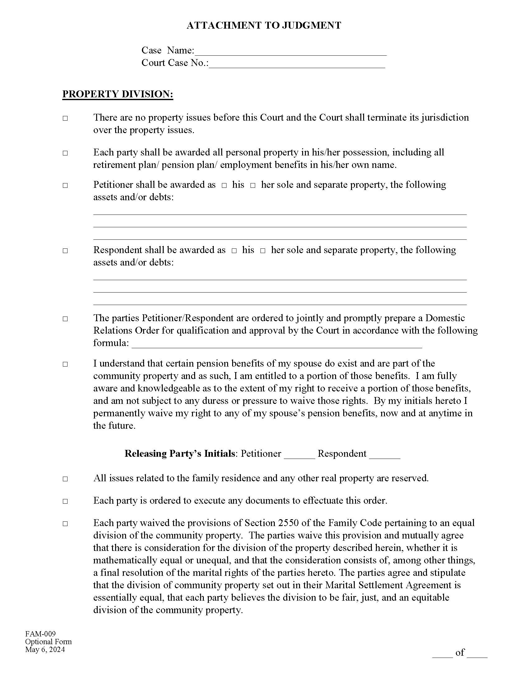Attachment To Judgment-Property Division {FAM-009} | Pdf Fpdf Docx | California