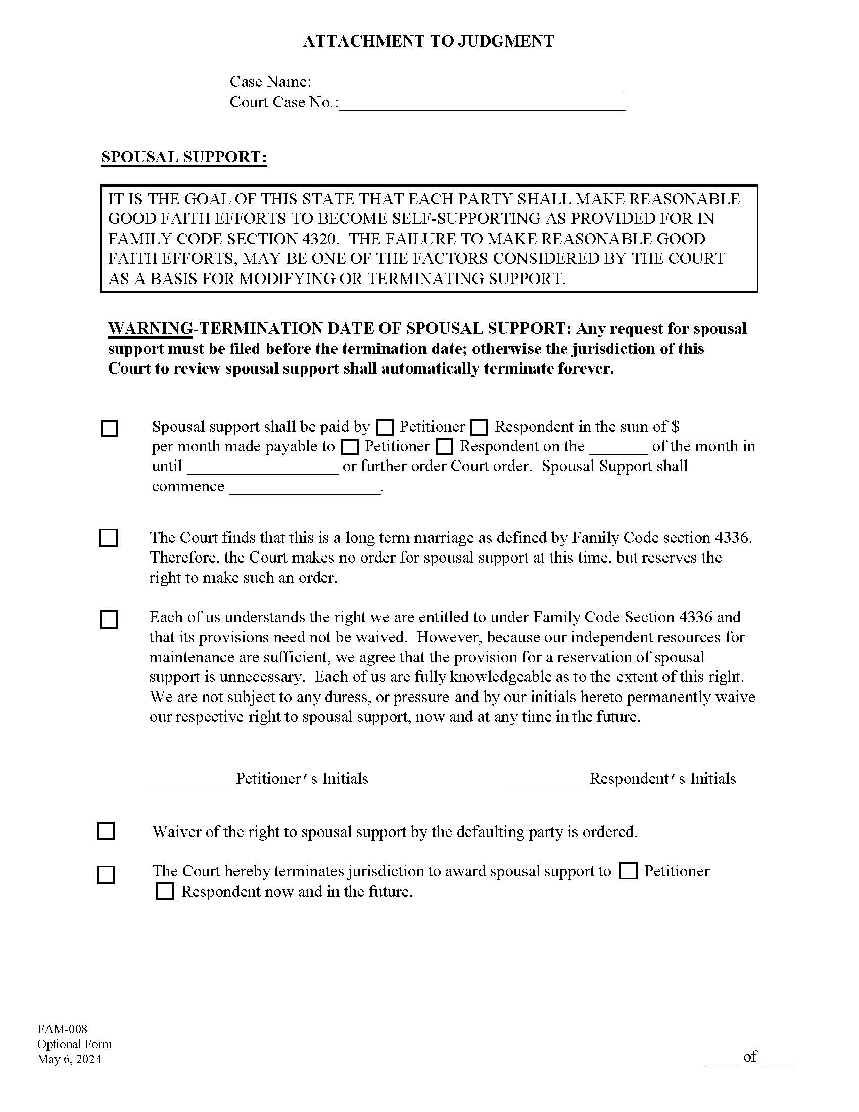 Attachment To Judgment-Spousal Support {FAM-008} | Pdf Fpdf Docx | California
