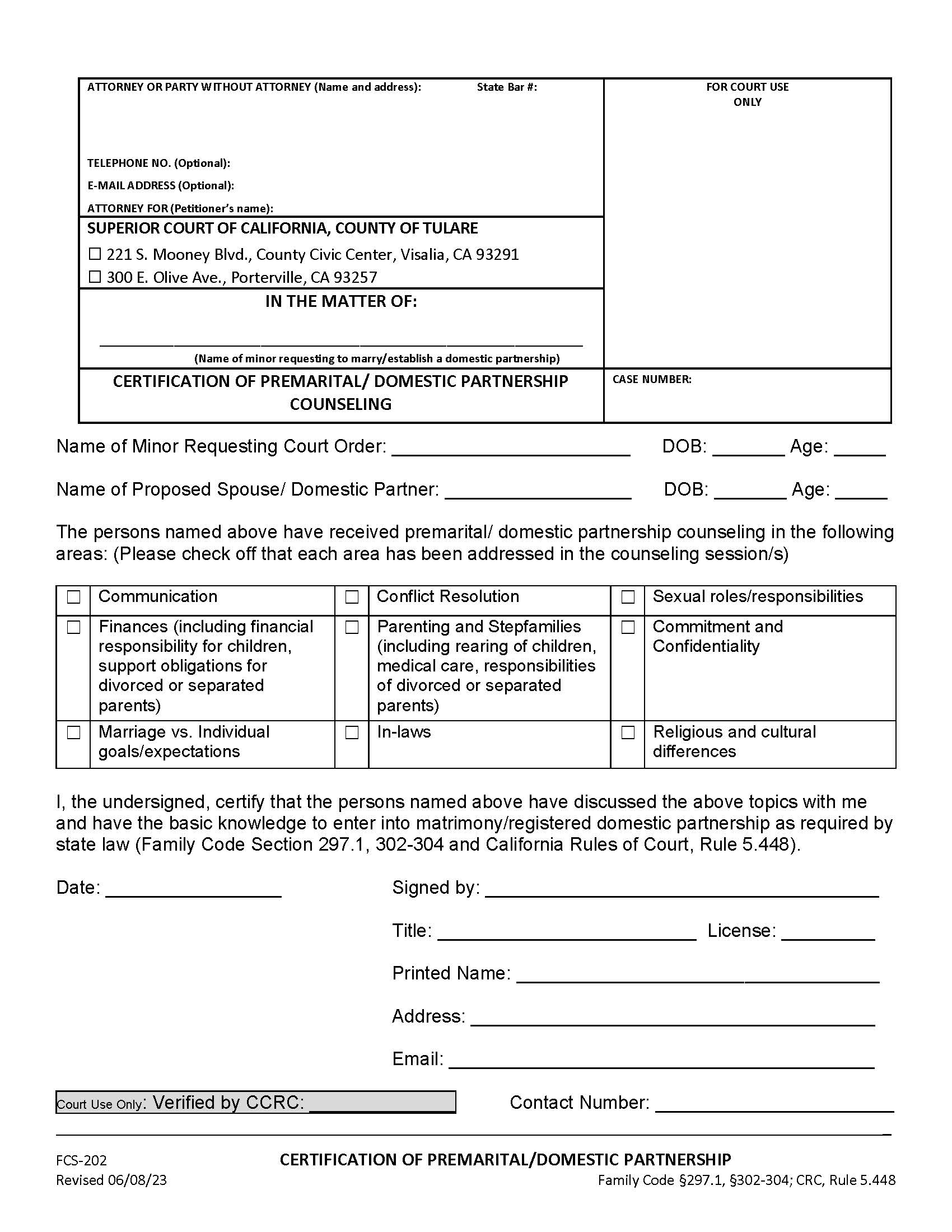 Certification Or Premartial Couseling {FCS-202} | Pdf Fpdf Docx | California