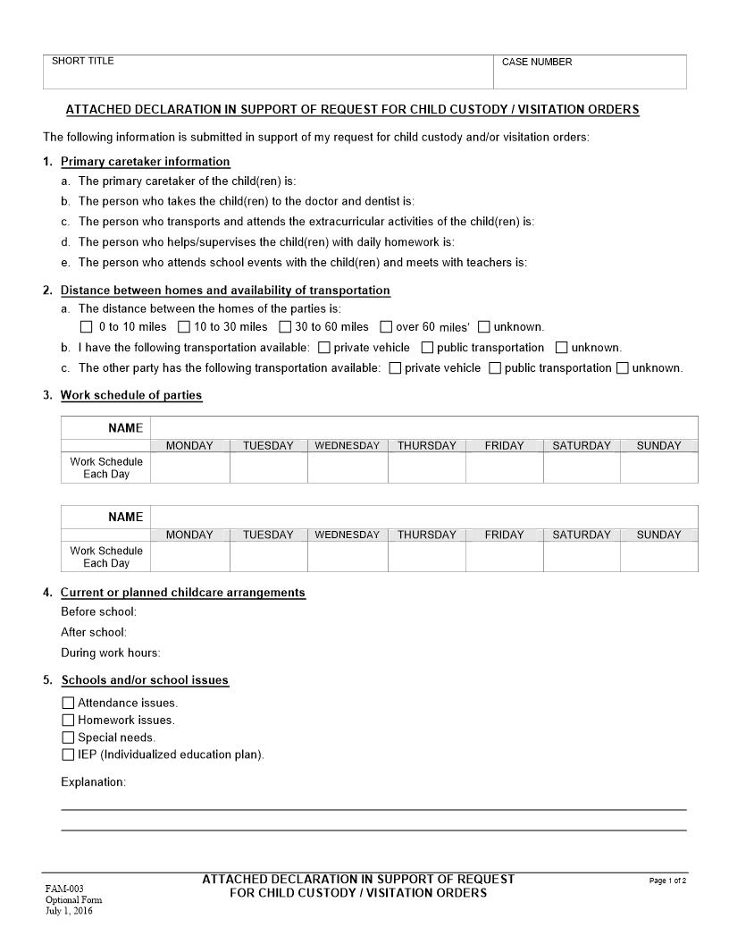 Child Custody and Visitation Declaration Attachment {FAM-003} | Pdf Fpdf Docx | California