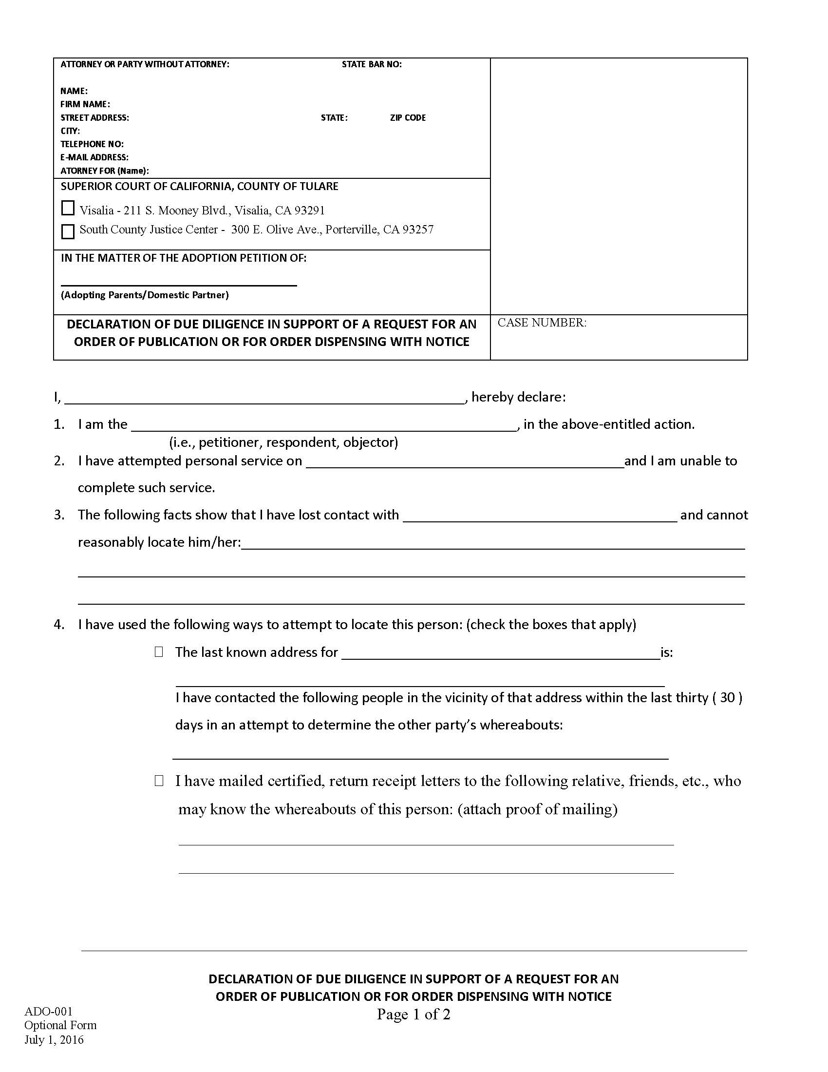 Declaration Of Due Dilgence In Support Of A Request (Adoptions) {ADO-001} | Pdf Fpdf Docx | California