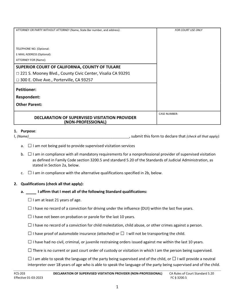 Declaration Of Supervised Visitation Provider (Non-Professional) {FCS-203} | Pdf Fpdf Docx | California