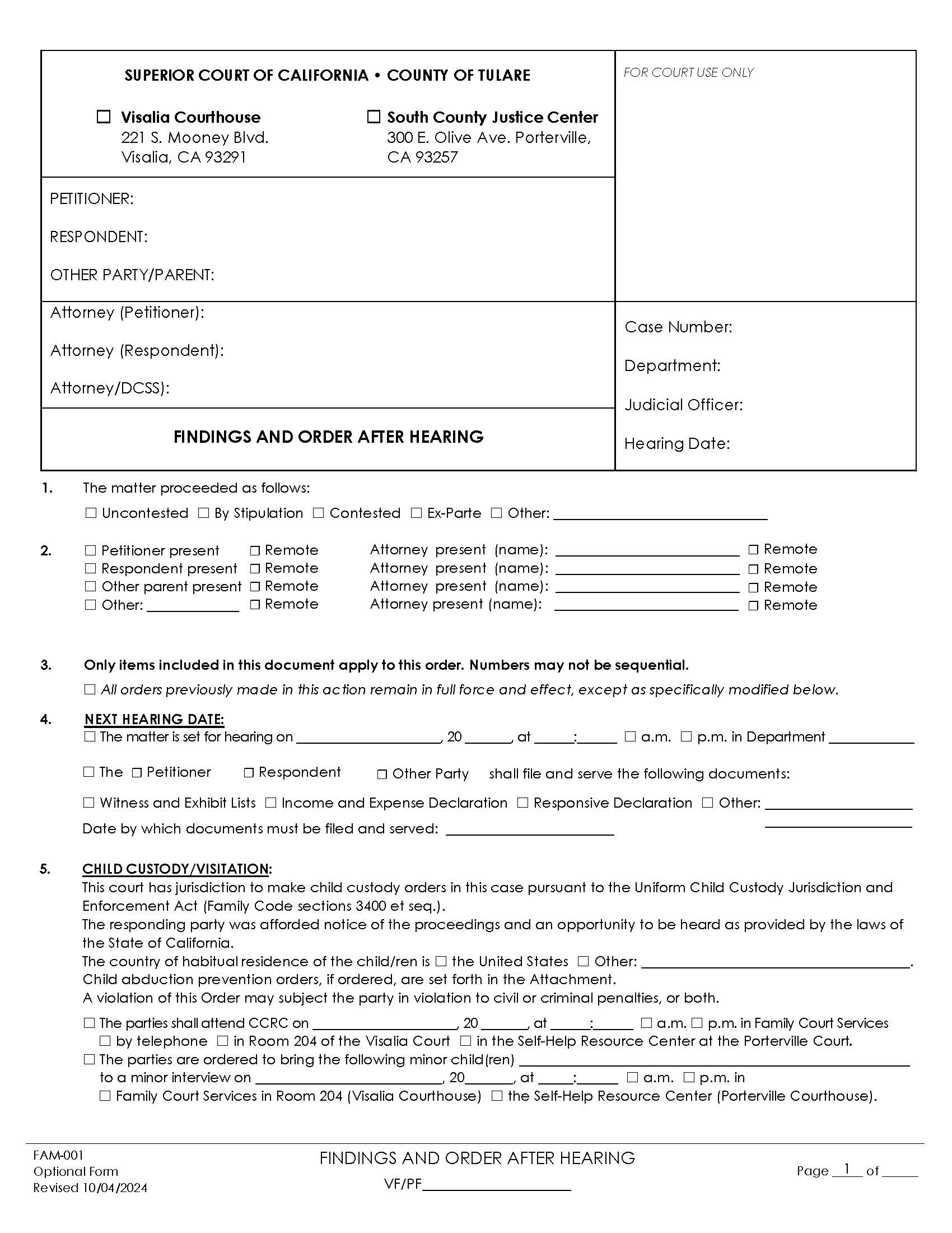 Findings And Order After Hearing {FAM-001} | Pdf Fpdf Docx | California