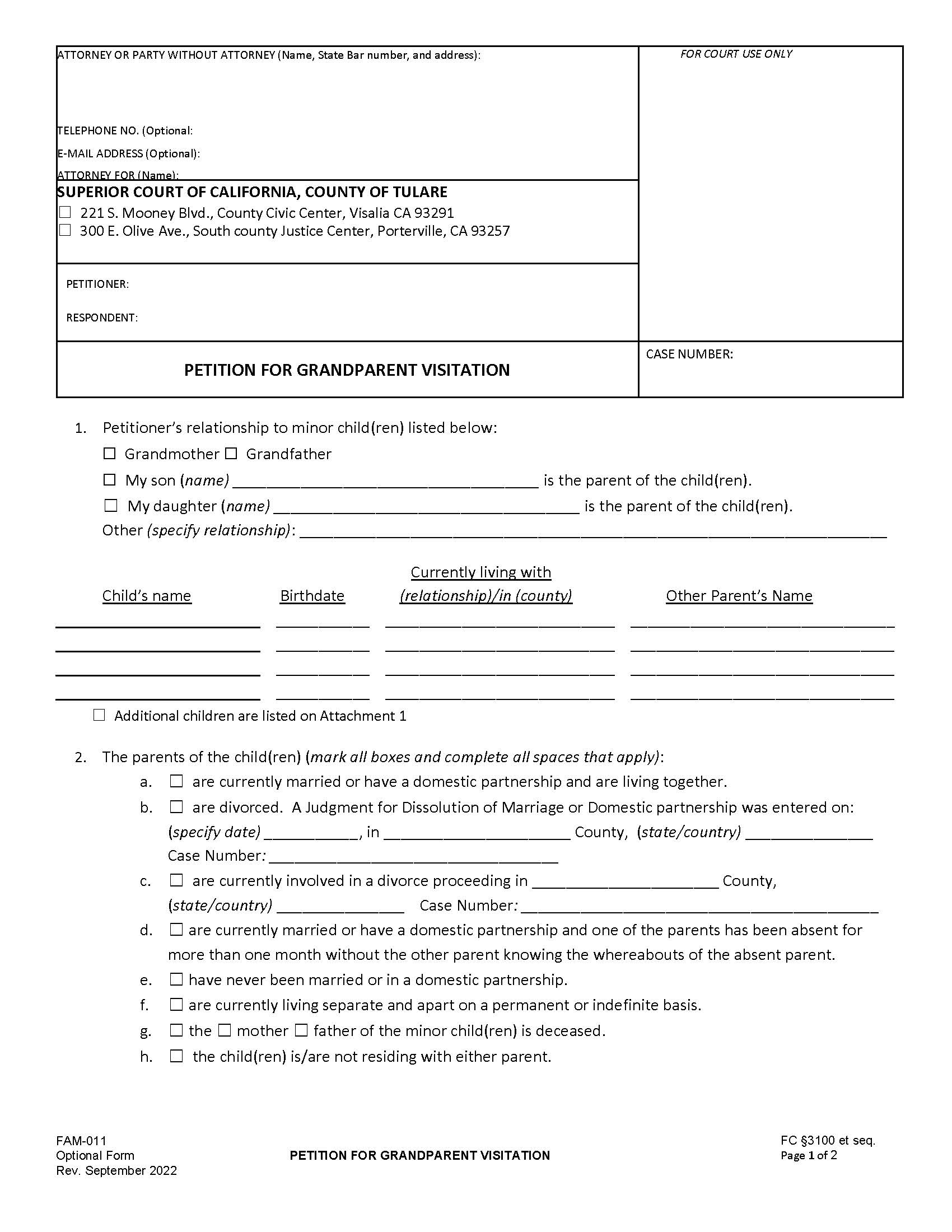 Petition For Grandparent Visitation {FAM-011} | Pdf Fpdf Docx | California