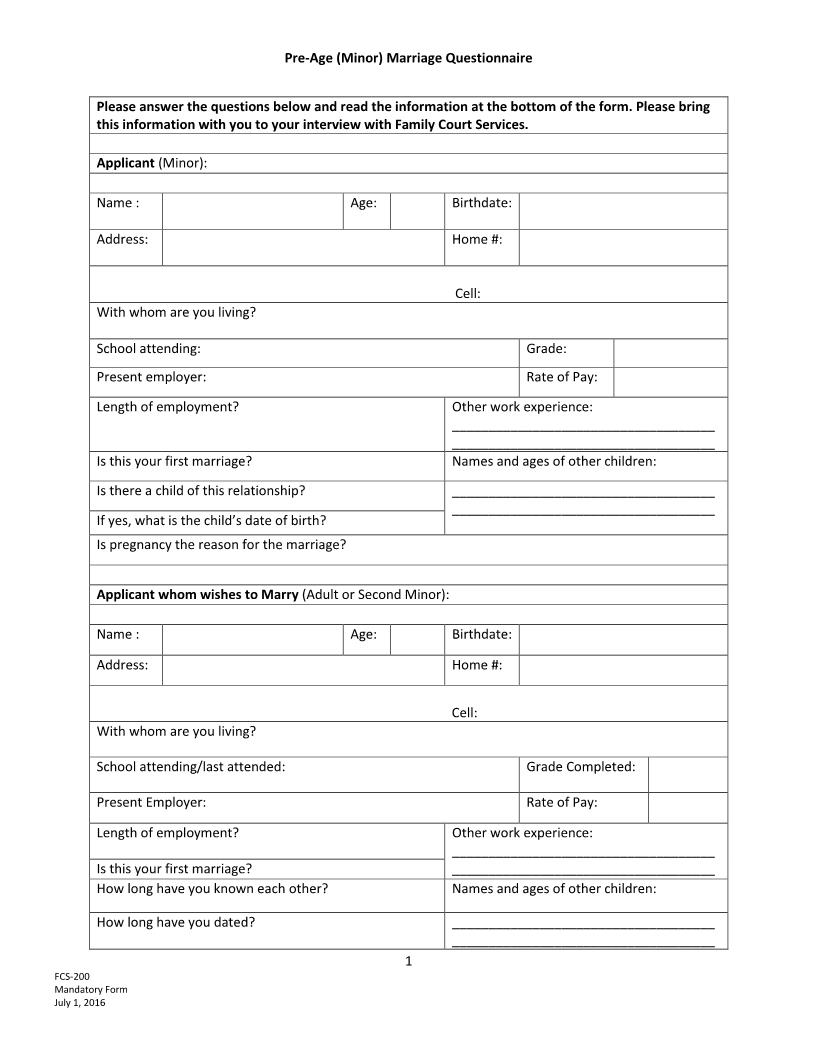 Pre-Age (Minor) Marriage Questionnaire {FCS-200} | Pdf Fpdf Docx | California
