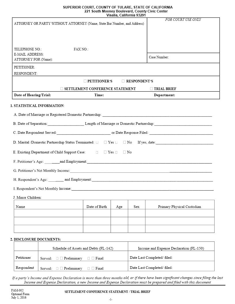 Settlement Conference Statement-Trial Brief {FAM-002} | Pdf Fpdf Docx | California