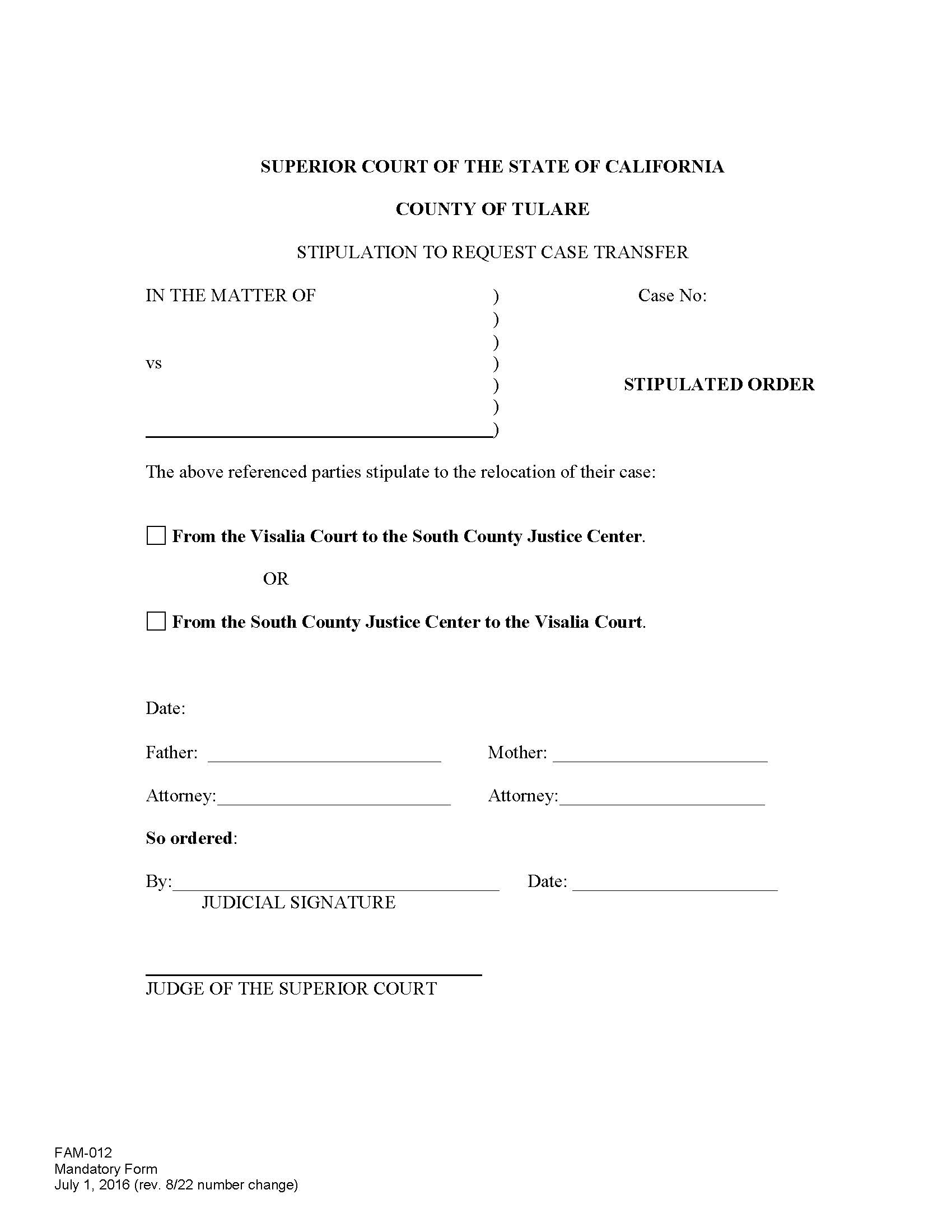 Stipulated Order For Case Transfer {FAM-012} | Pdf Fpdf Docx | California