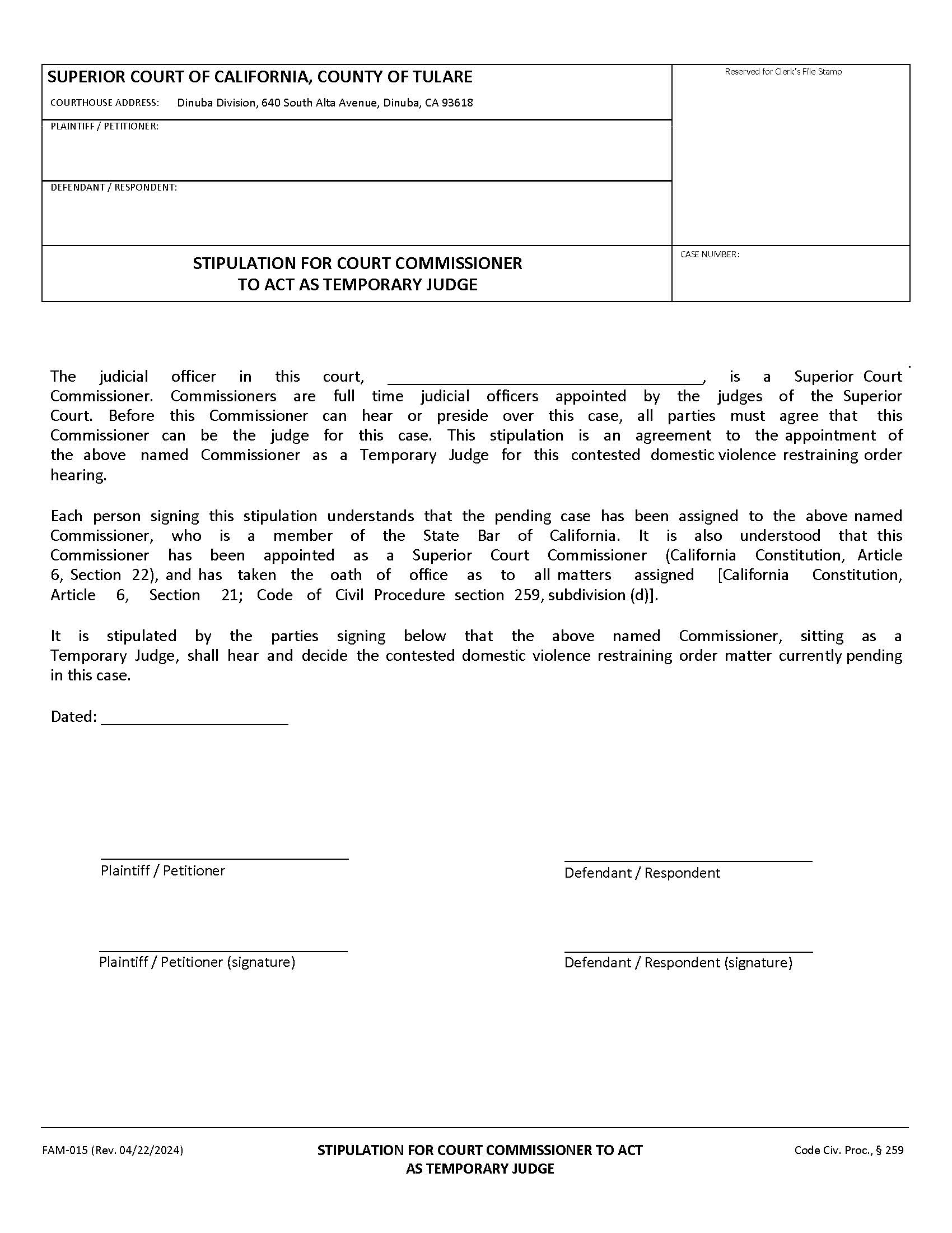Stipulation For Court Commissioner To Act As Temporary Judge {FAM-015} | Pdf Fpdf Docx | California