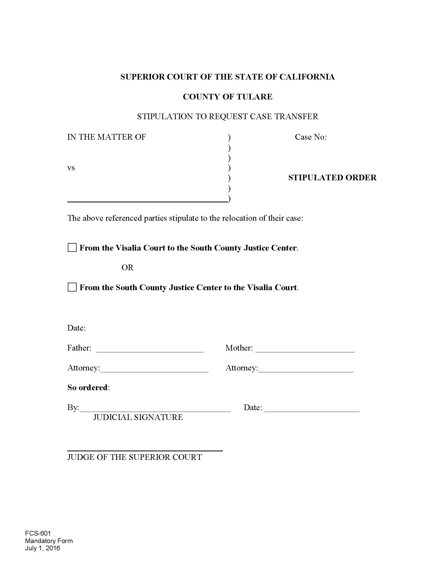 Stipulation To Request Case Transfer {FCS-601} | Pdf Fpdf Docx | California