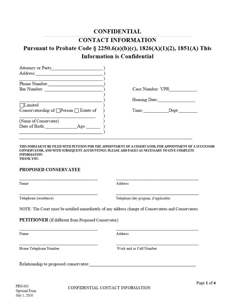 Confidential Contact Information For Conservatorship {PRO-001} | Pdf Fpdf Docx | California
