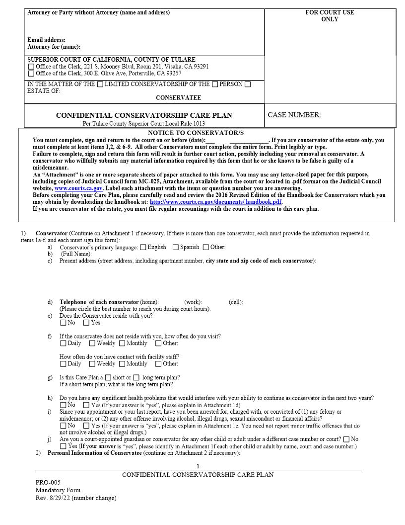 Conservatorship Care Plan {PRO-005} | Pdf Fpdf Docx | California