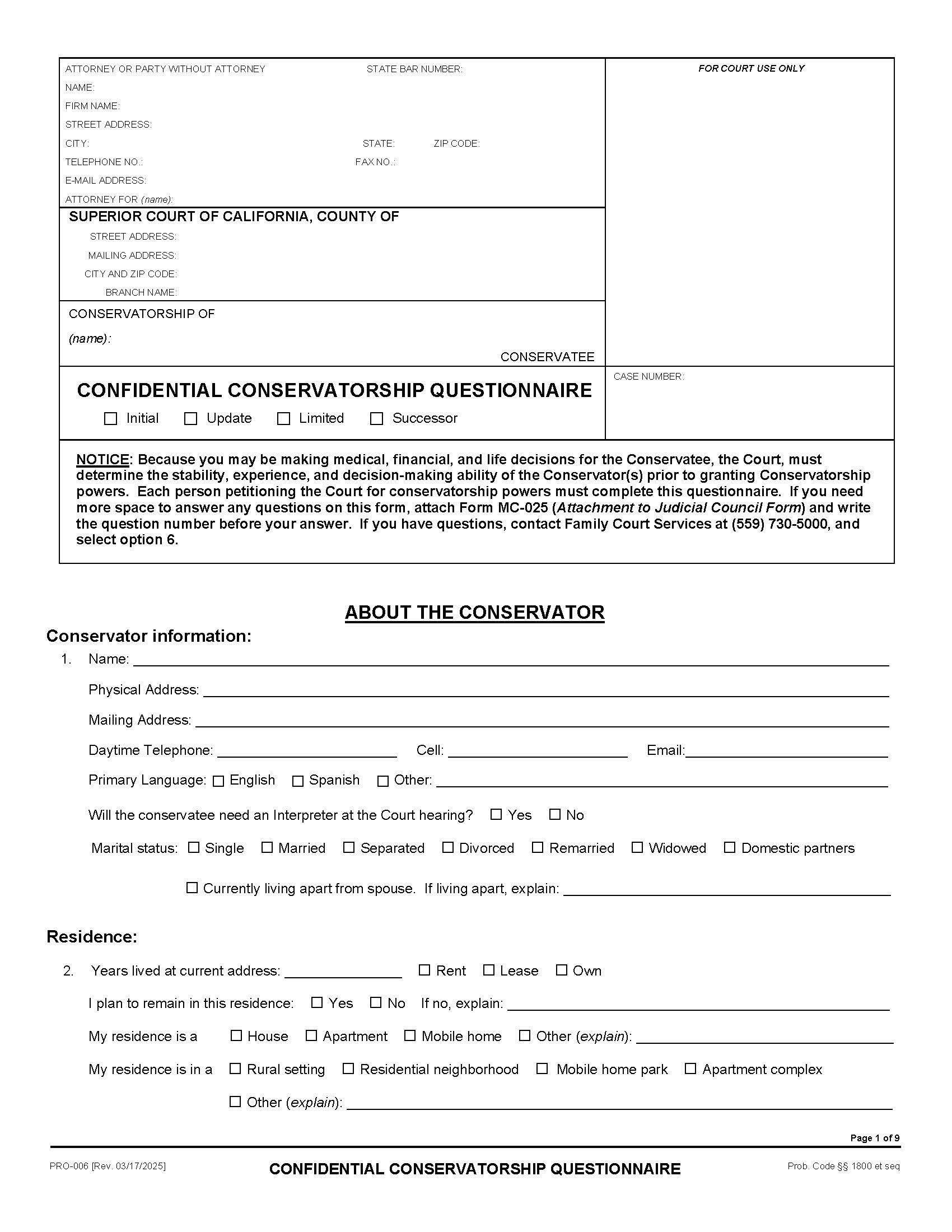 Conservatorship Questionnaire {PRO-006} | Pdf Fpdf Docx | California