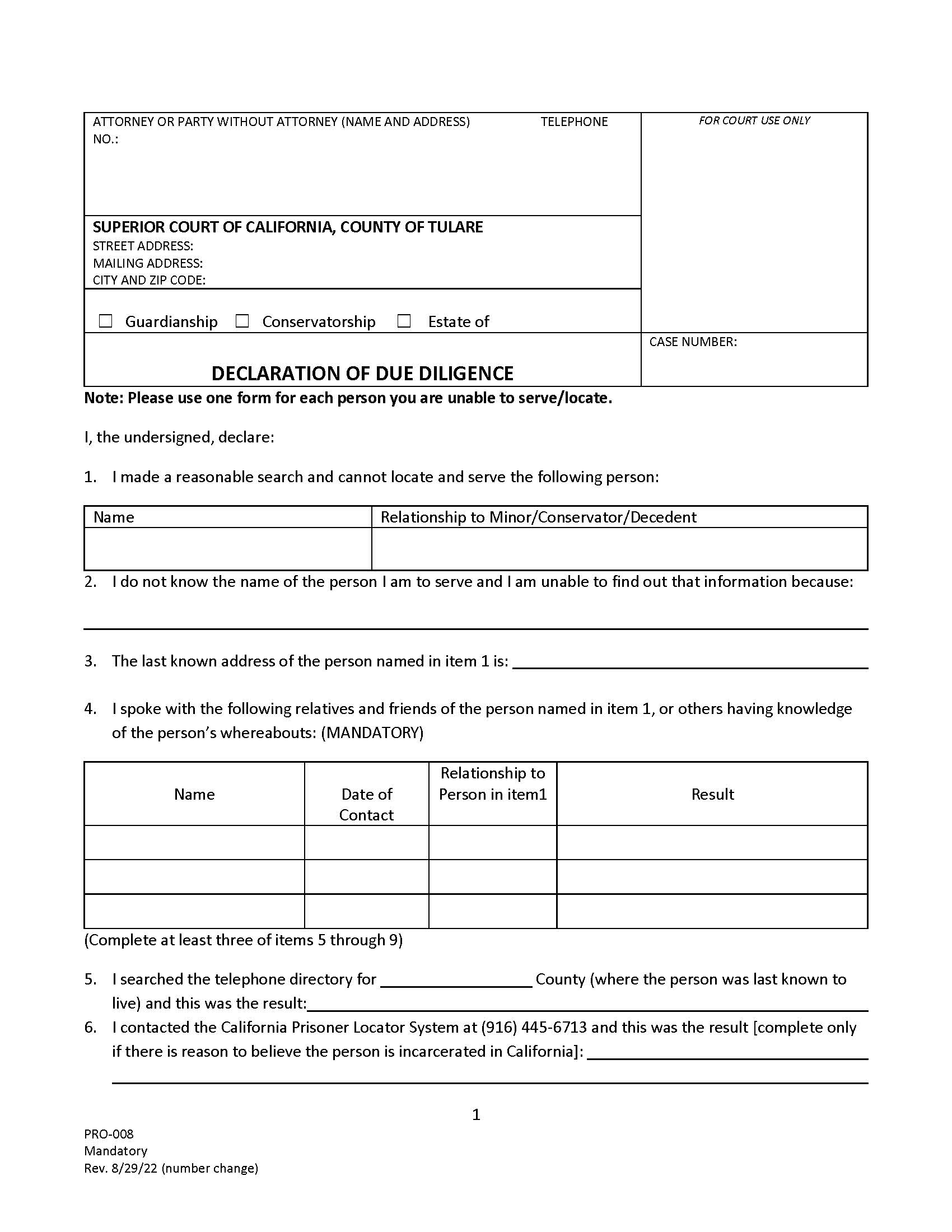 Declaration Of Due Diligence {PRO-008} | Pdf Fpdf Docx | California