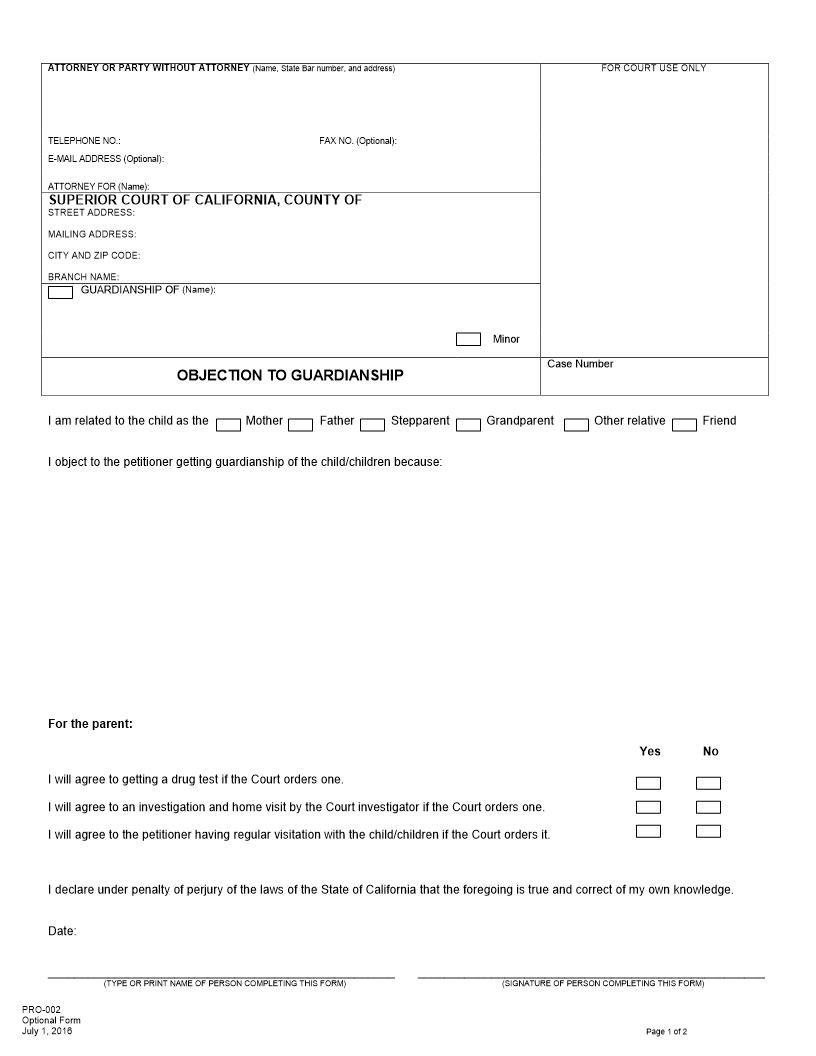 Objection To Guardianship {PRO-002} | Pdf Fpdf Docx | California