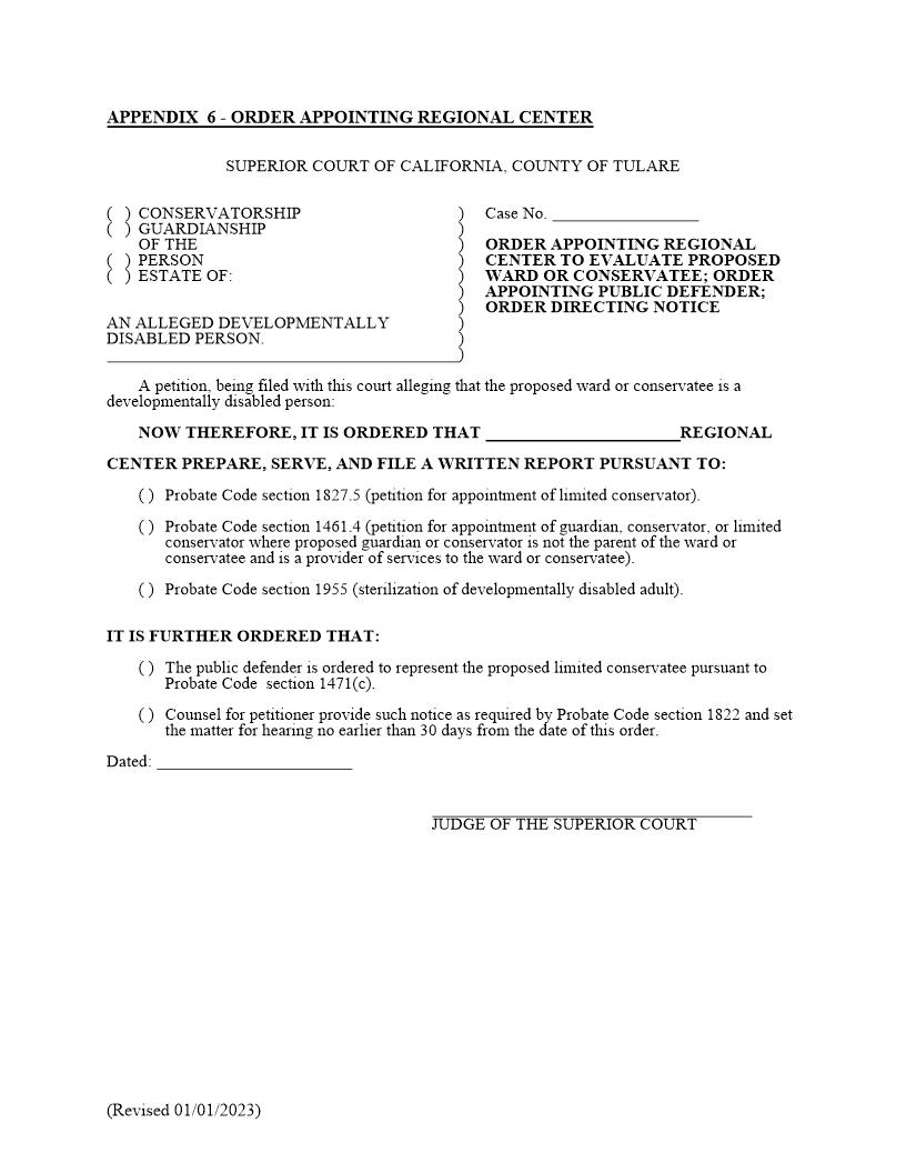 Order Appointing Regional Center To Evaluate Proposed Ward Or Conservatee | Pdf Fpdf Docx | California