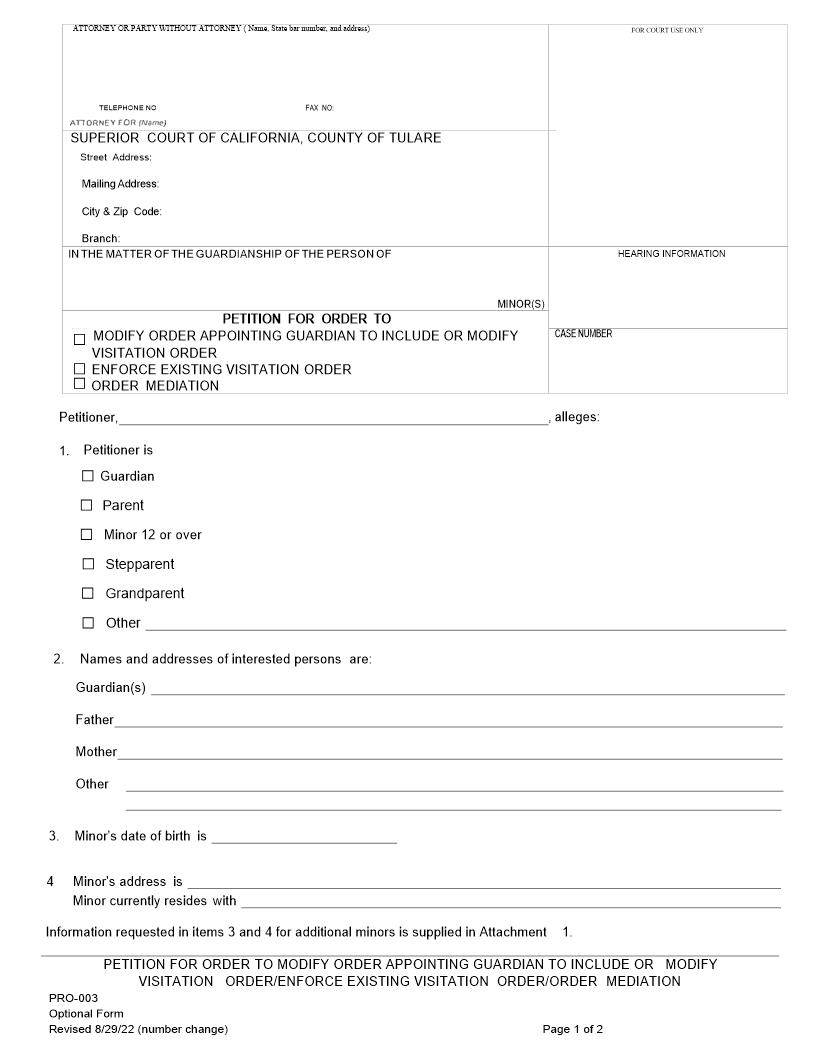 Petition For Order To Modify Order Appointing Guardian Visitation {PRO-003} | Pdf Fpdf Docx | California