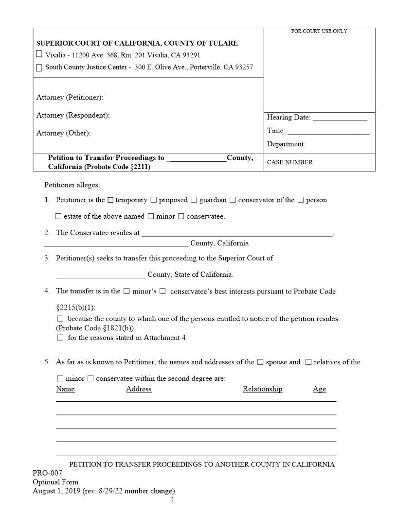 Petition To Transfer Venue Of Guardianship Or Conservatorship {PRO-007} | Pdf Fpdf Docx | California
