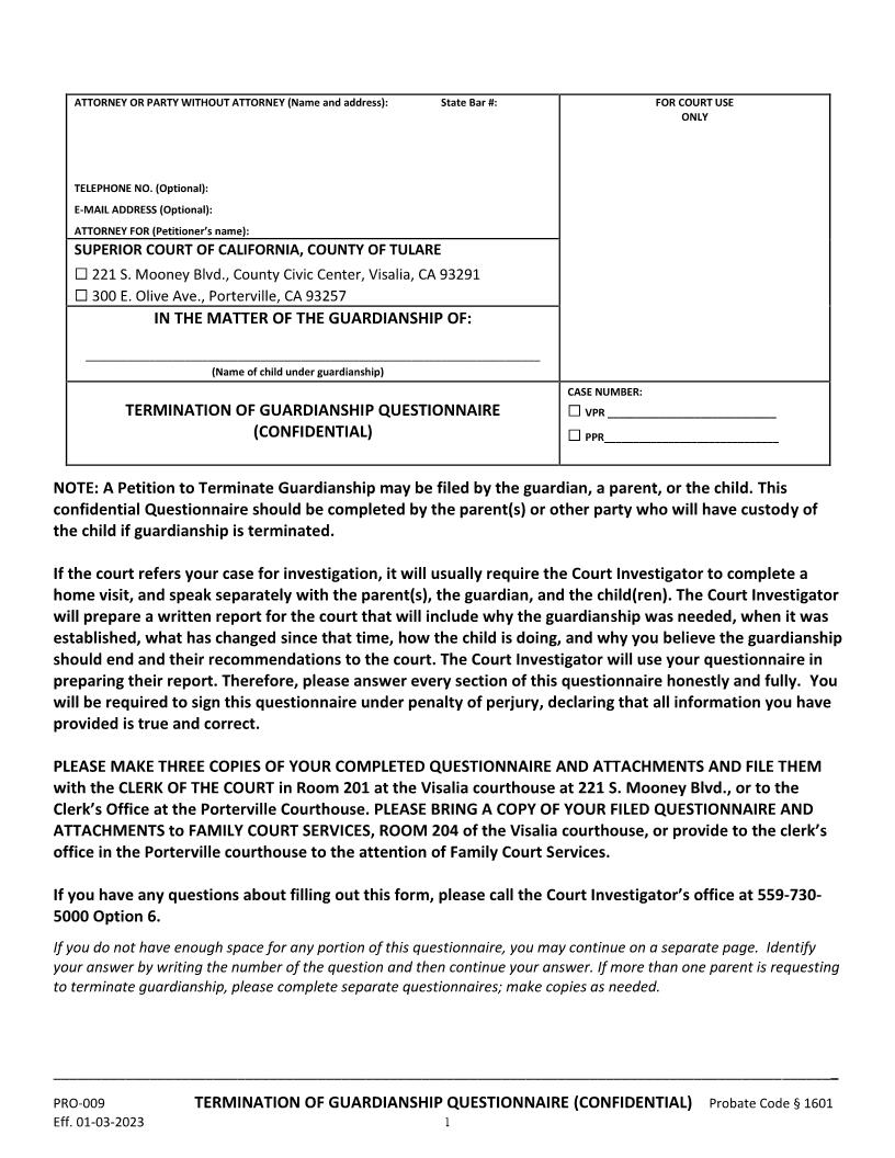 Termination Of Guardianship Questionnaire {PRO-009} | Pdf Fpdf Docx | California