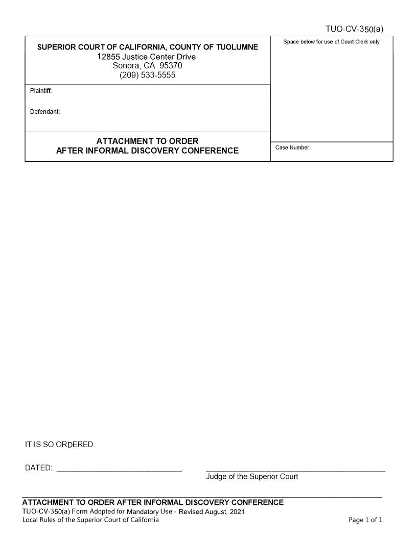Attachment To Order After Informal Discovery Conference {TUO-CV-350(a)} | Pdf Fpdf Docx | California