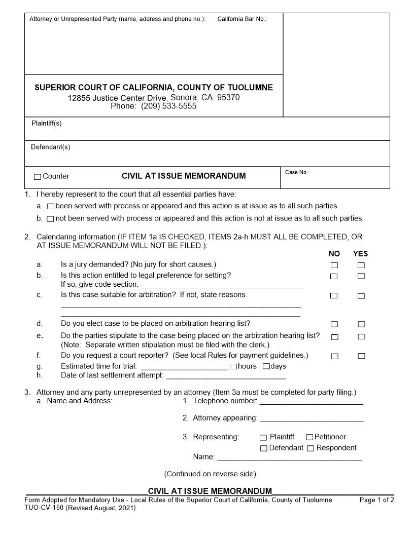 Civil At Issue Memorandum {TUO-CV-150} | Pdf Fpdf Docx | California