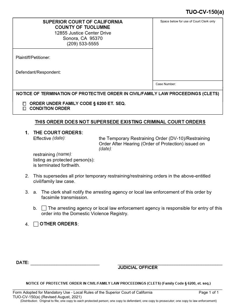 Notice Of Protective Order In Civil Family Law Proceedings (CLETS) {TUO-CV-150(a)} | Pdf Fpdf Docx | California