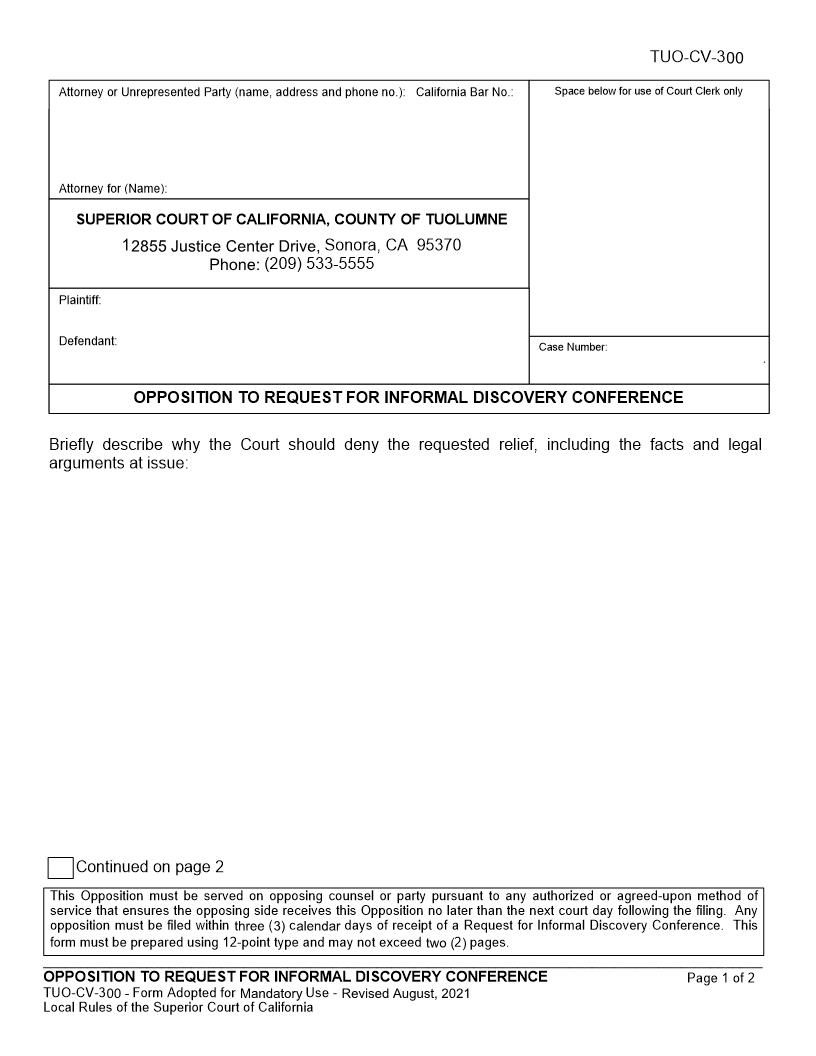 Opposition To Request For Informal Discovery Conference {TUO-CV-300} | Pdf Fpdf Docx | California