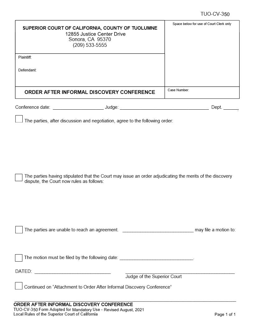 Order After Informal Discovery Conference {TUO-CV-350} | Pdf Fpdf Docx | California
