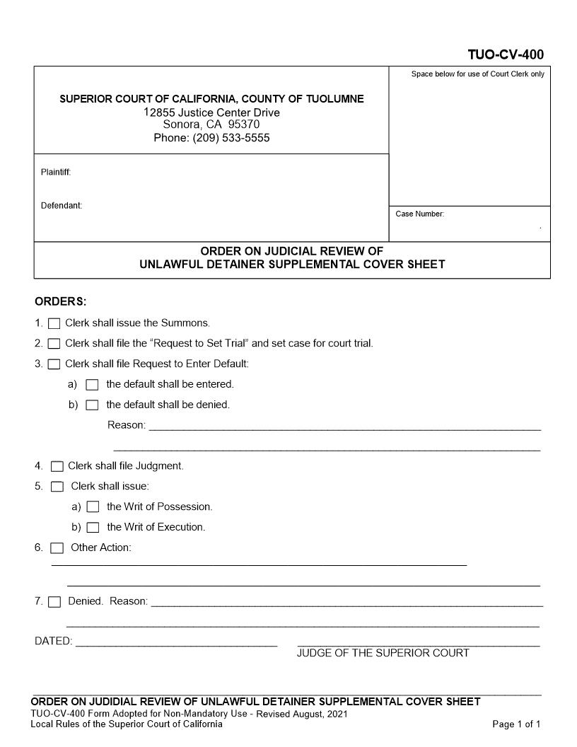Order On Judicial Review Of Unlawful Detainer Supplemental Cover Sheet {TUO-CV-400} | Pdf Fpdf Docx | California