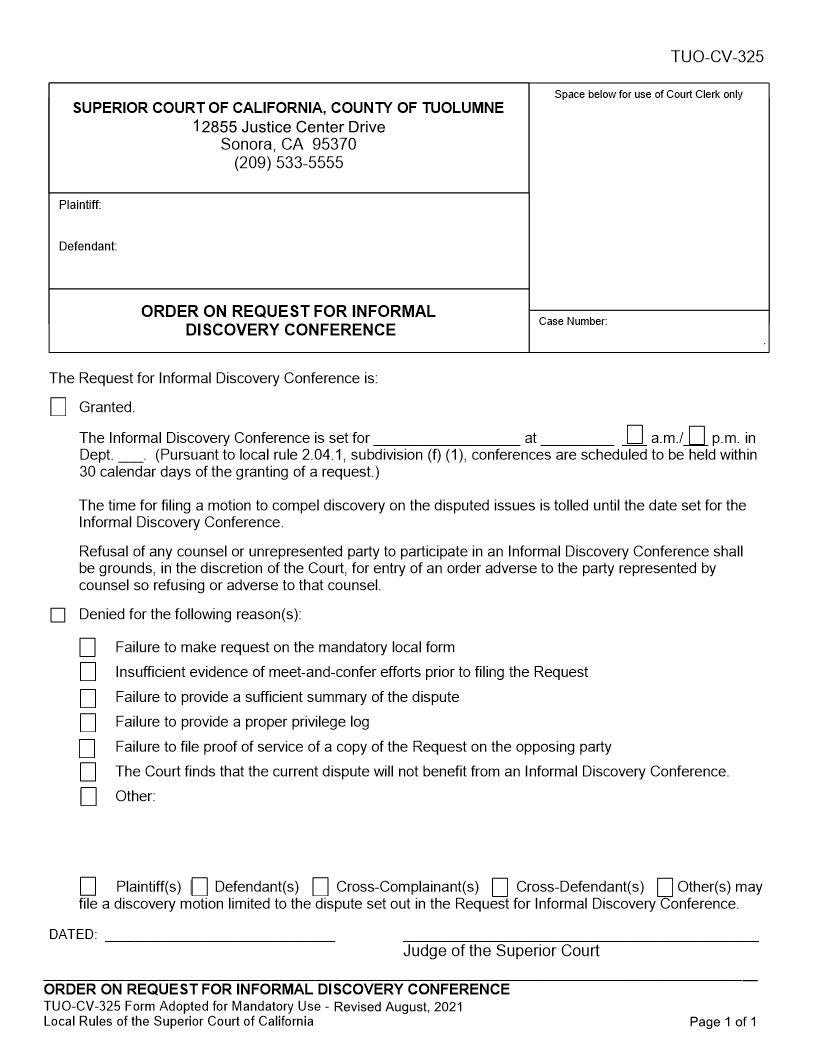 Order On Request For Informal Discovery Conference {TUO-CV-325} | Pdf Fpdf Docx | California