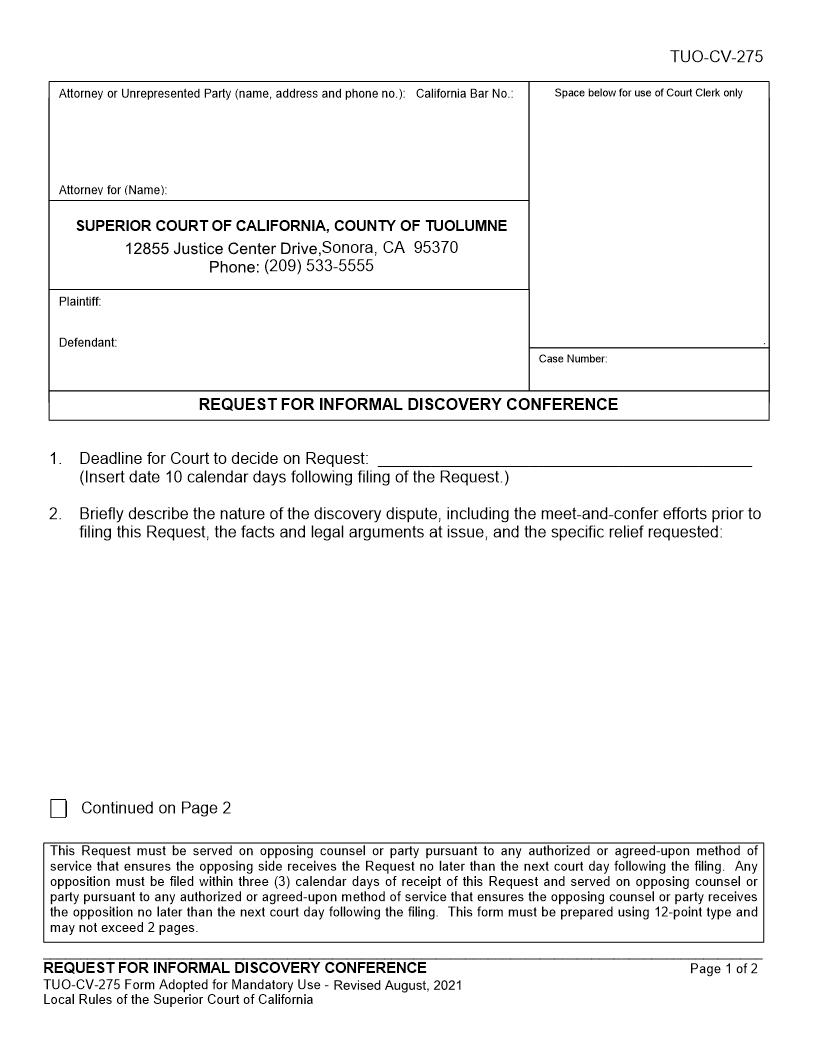 Request For Informal Discovery Conference {TUO-CV-275} | Pdf Fpdf Docx | California