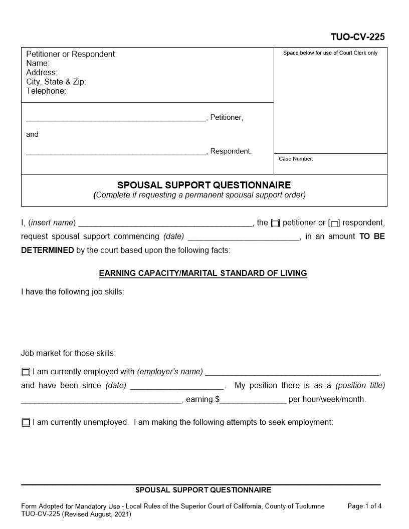 Spousal Support Questionnaire {TUO-CV-225} | Pdf Fpdf Docx | California