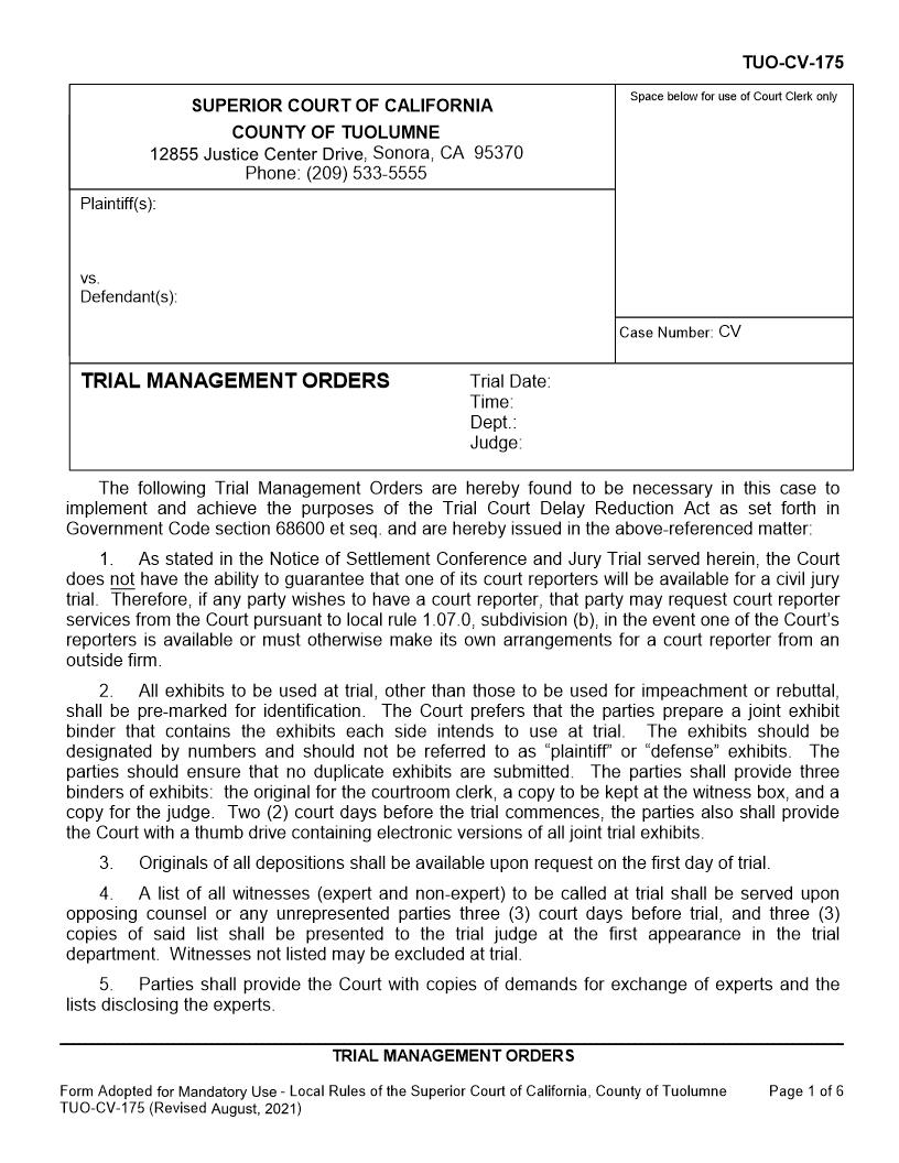 Trial Management Orders {TUO-CV-175} | Pdf Fpdf Docx | California