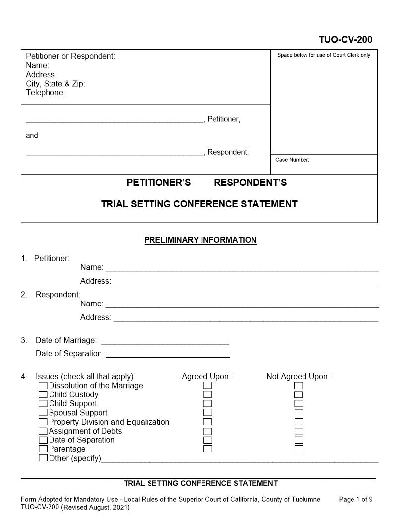 Trial Setting Conference Statement {TUO-CV-200} | Pdf Fpdf Docx | California