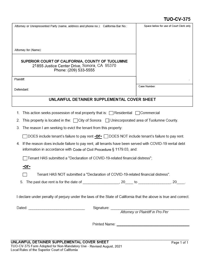 Unlawful Detainer Supplemental Cover Sheet {TUO-CV-375} | Pdf Fpdf Docx | California