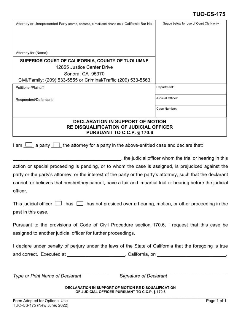 Declaration In Support Of Motion Re Disqualification Of Judicial Officer {TUO-CS-175} | Pdf Fpdf Docx | California