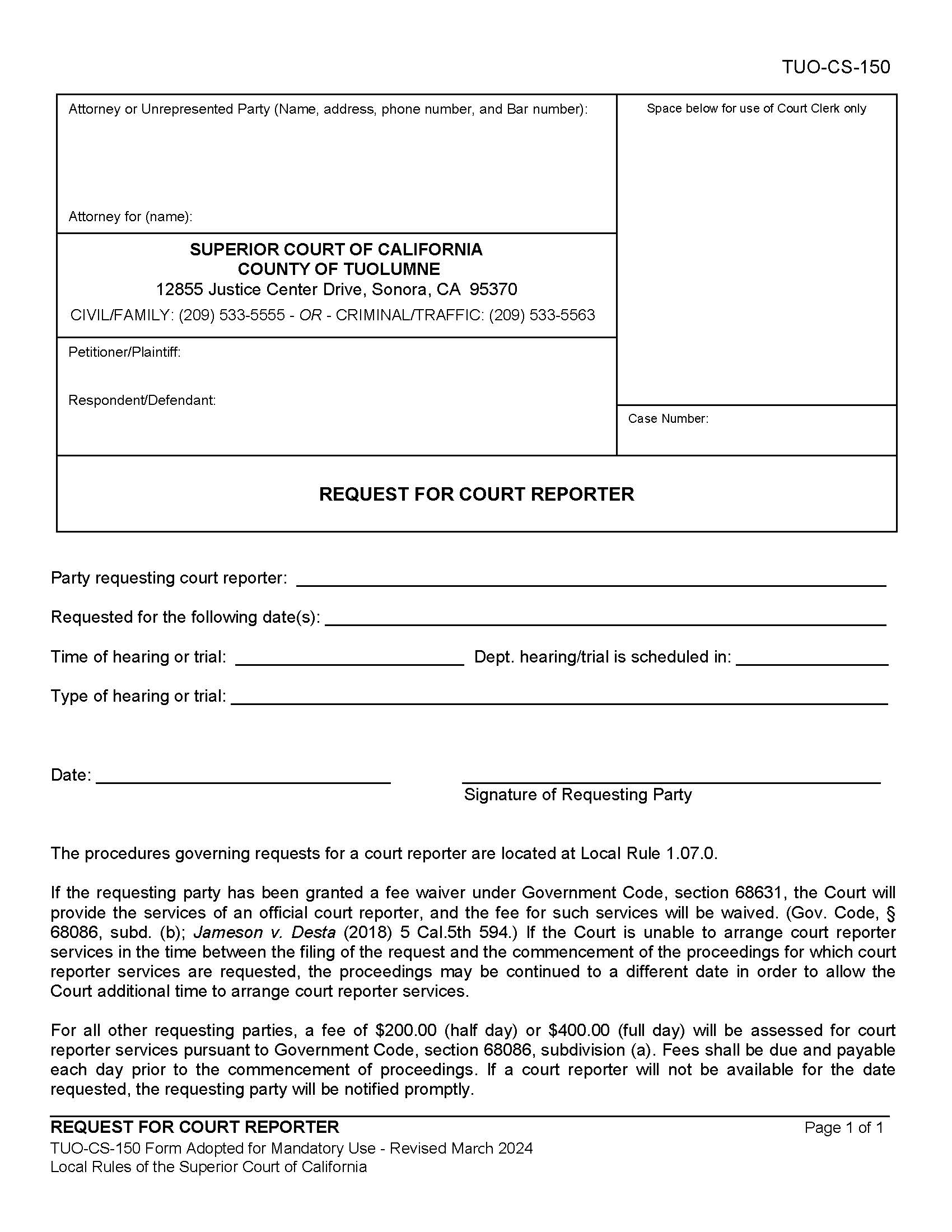Request For Court Reporter {TUO-CS-150} | Pdf Fpdf Docx | California