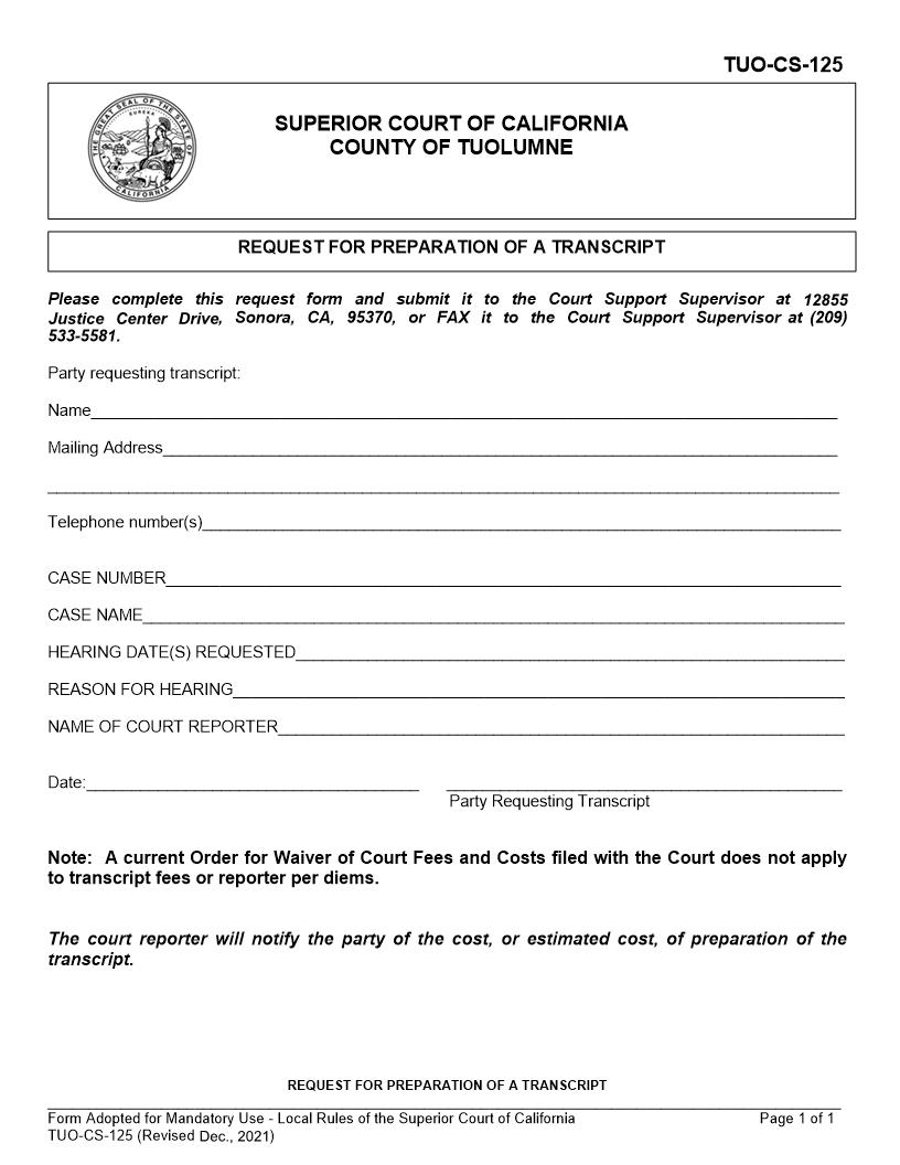 Request For Preparation Of Transcript {TUO-CS-125} | Pdf Fpdf Docx | California