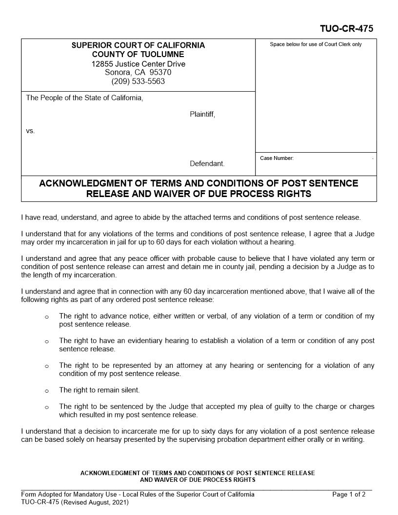 Acknowledgment Of Terms And Condition Of Post Sentence Release {TUO-CR-475} | Pdf Fpdf Docx | California
