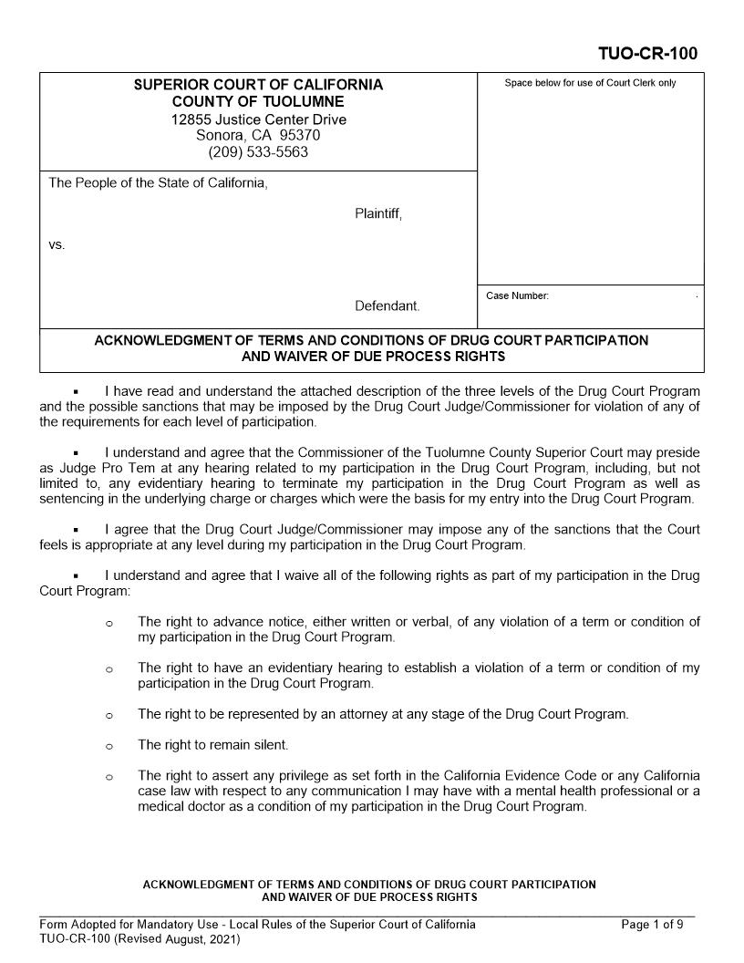 Acknowledgment Of Terms And Conditions Of Drug Court Participation {TUO-CR-100} | Pdf Fpdf Docx | California