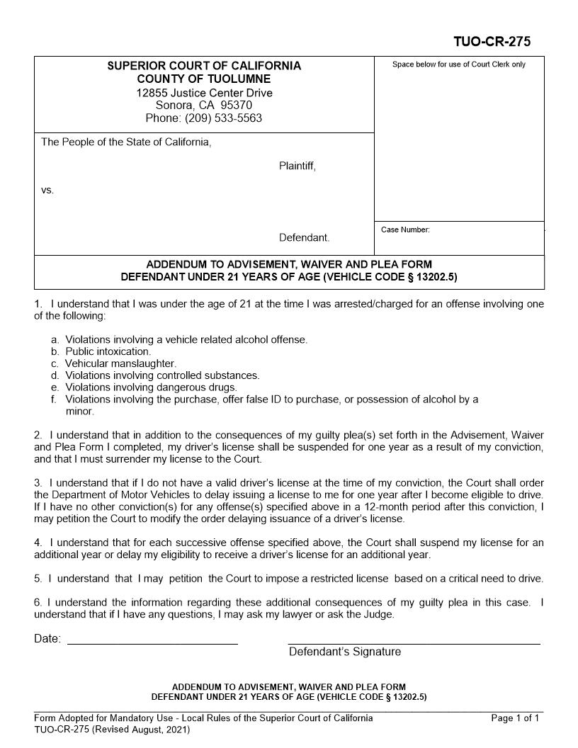 Addendum To Advisement Waiver And Plea Form Defendant Under 21 {TUO-CR-275} | Pdf Fpdf Docx | California