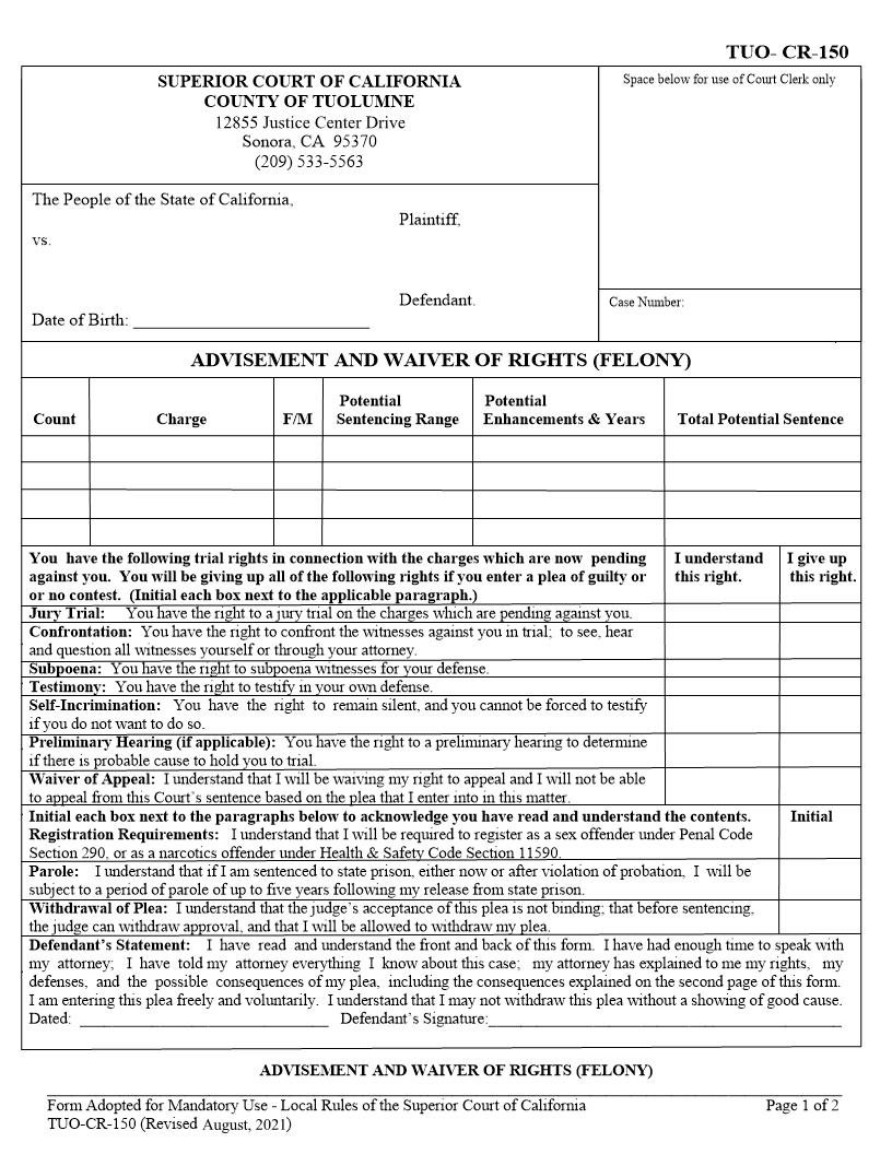 Advisement And Waiver Of Rights (Felony) {TUO-CR-150} | Pdf Fpdf Docx | California