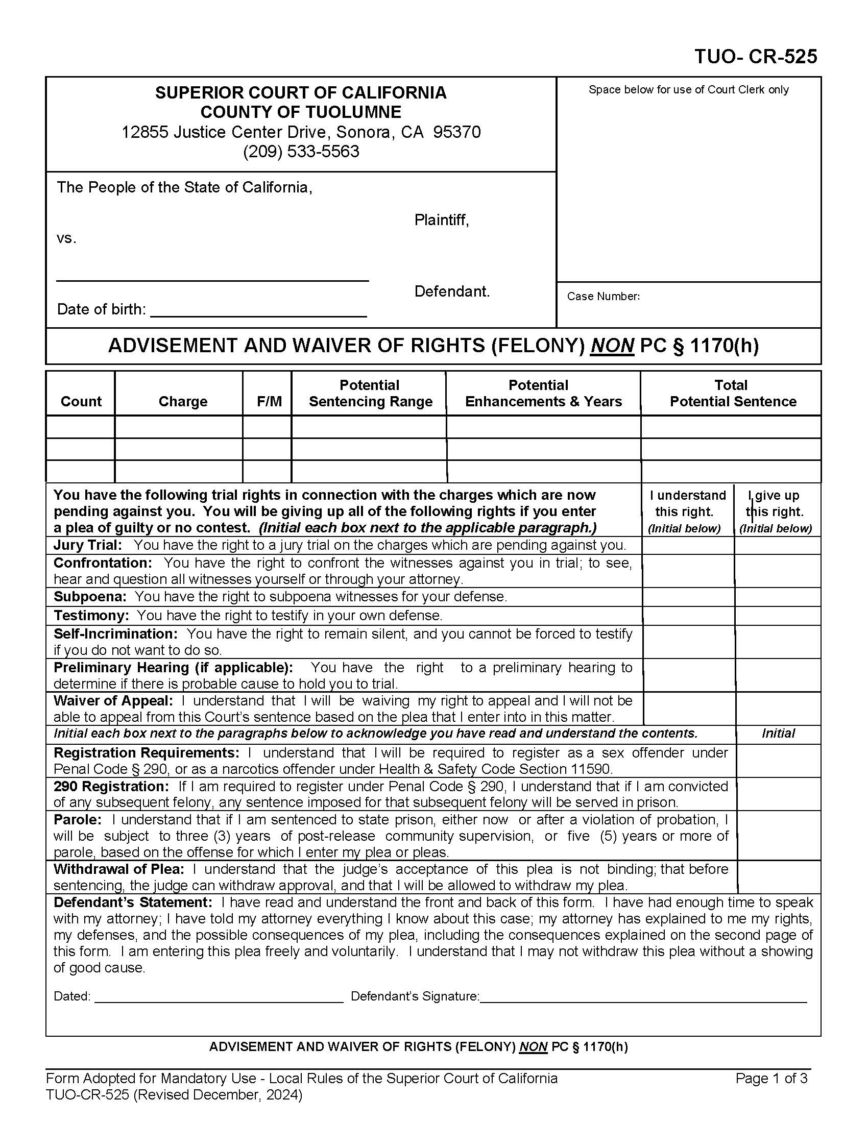 Advisement And Waiver Of Rights (Felony) NON PC 1170h {TUO-CR-525} | Pdf Fpdf Docx | California